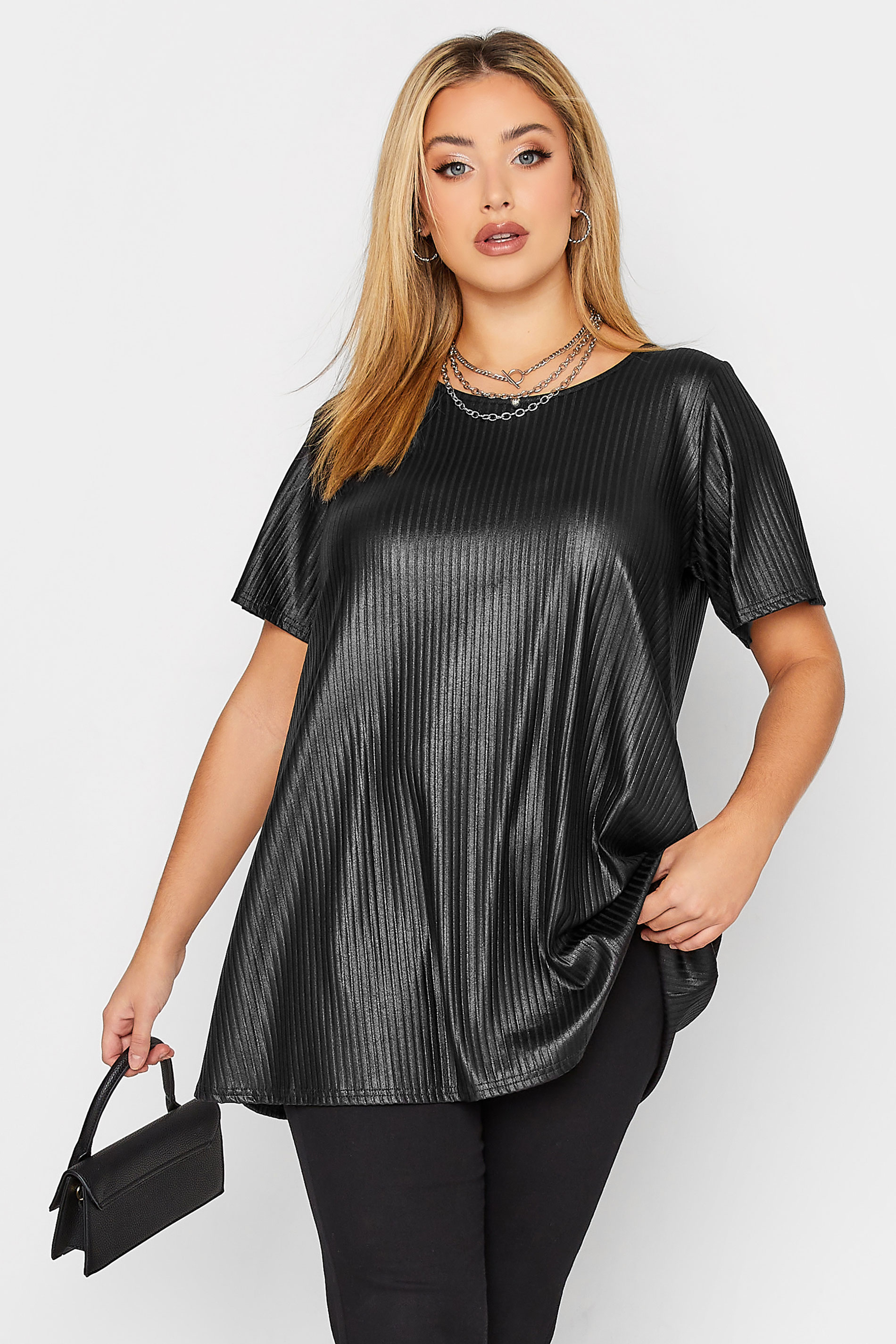 Plus Size Black Leather Look Ribbed Swing T-Shirt | Yours Clothing 1