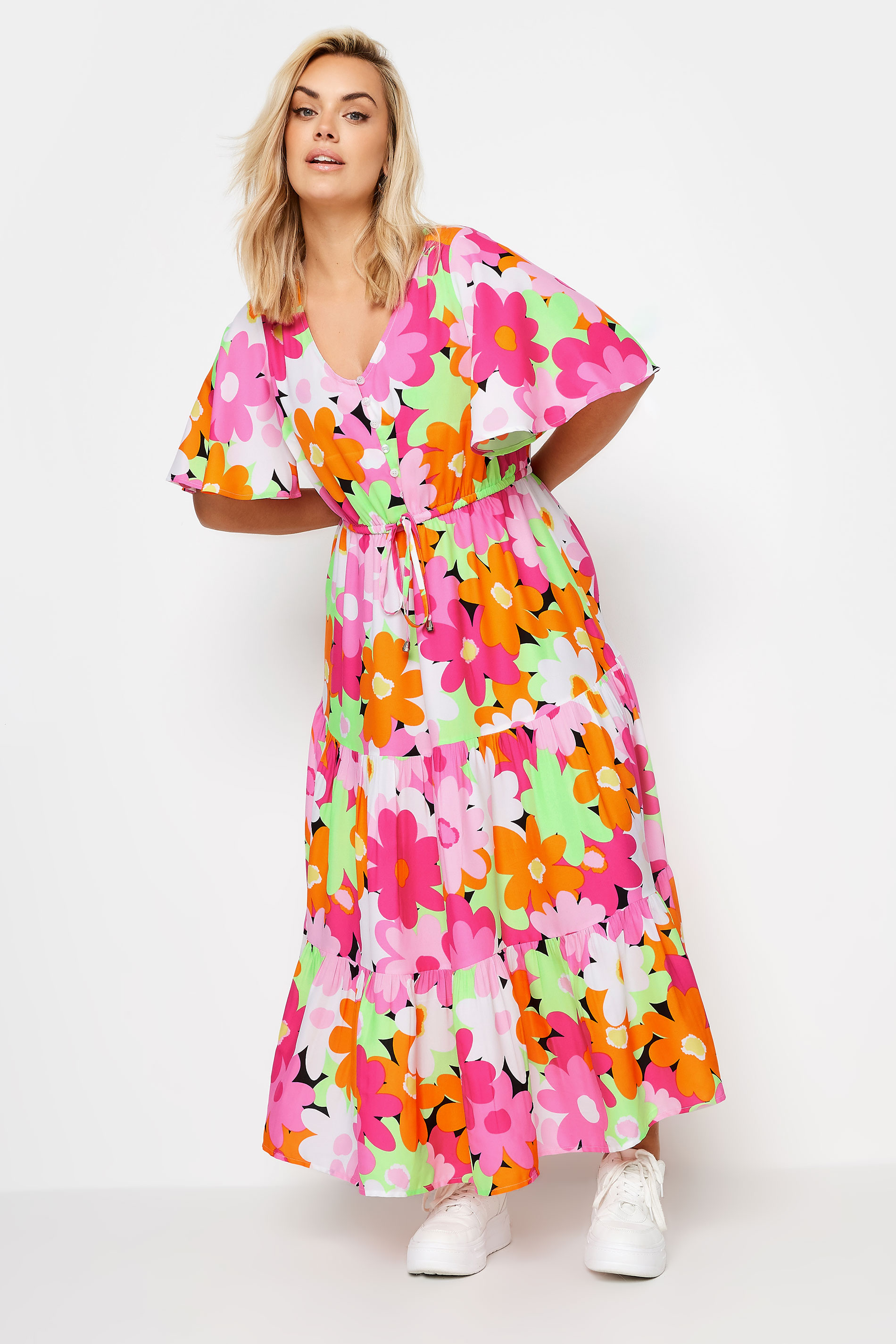 YOURS Plus Size Pink Floral Angel Sleeve Maxi Dress | Yours Clothing 2