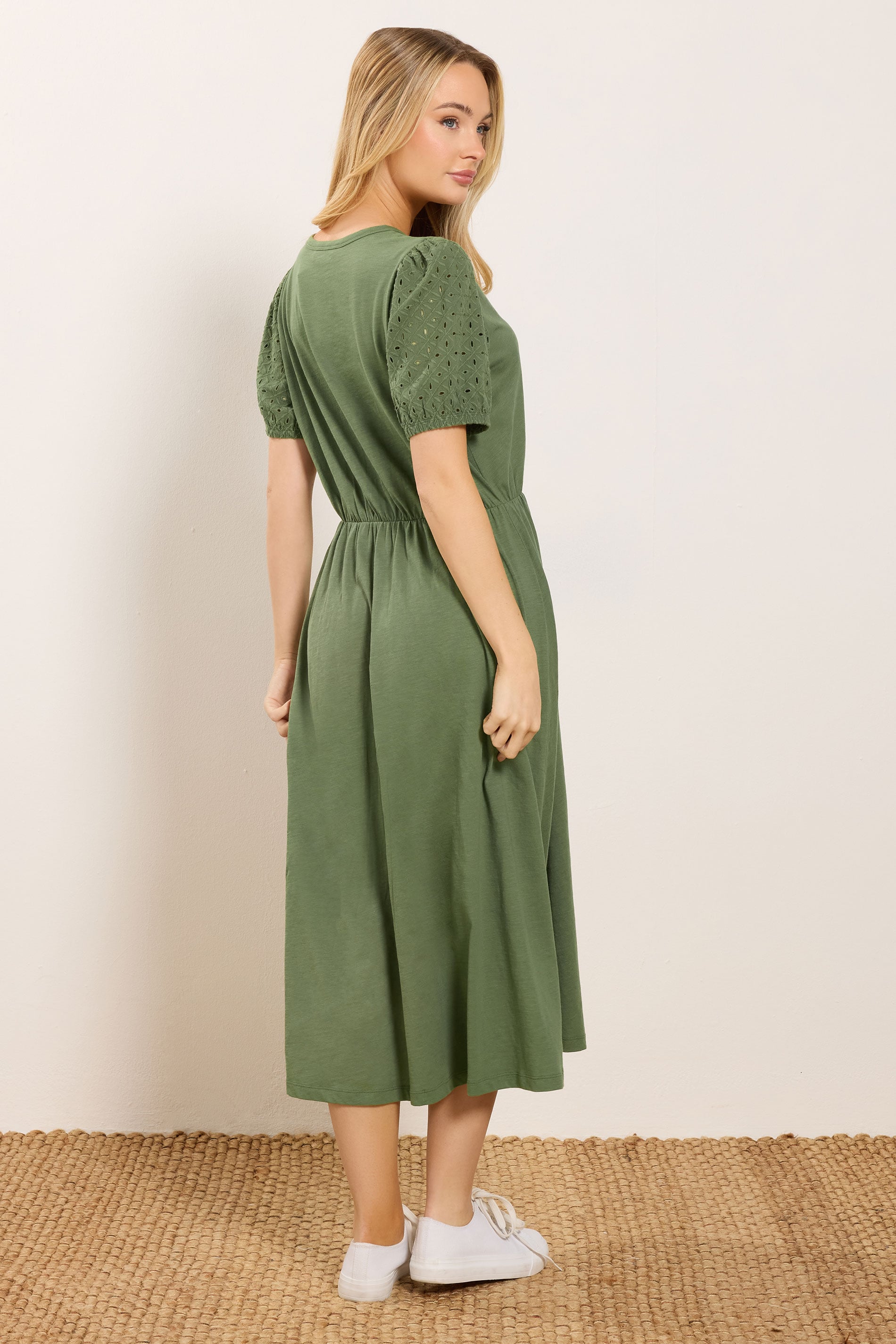 M&Co Khaki Green Broderie Sleeve Cotton Midi Dress | M&Co 2