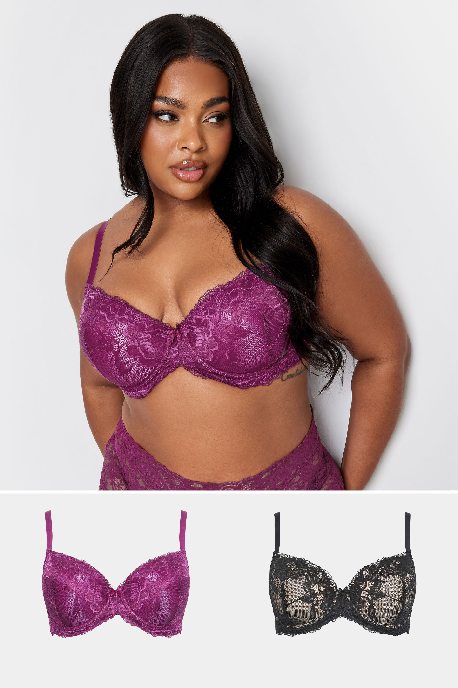 2 PACK Purple & Black Satin Lace Padded Bras | Yours Clothing 1