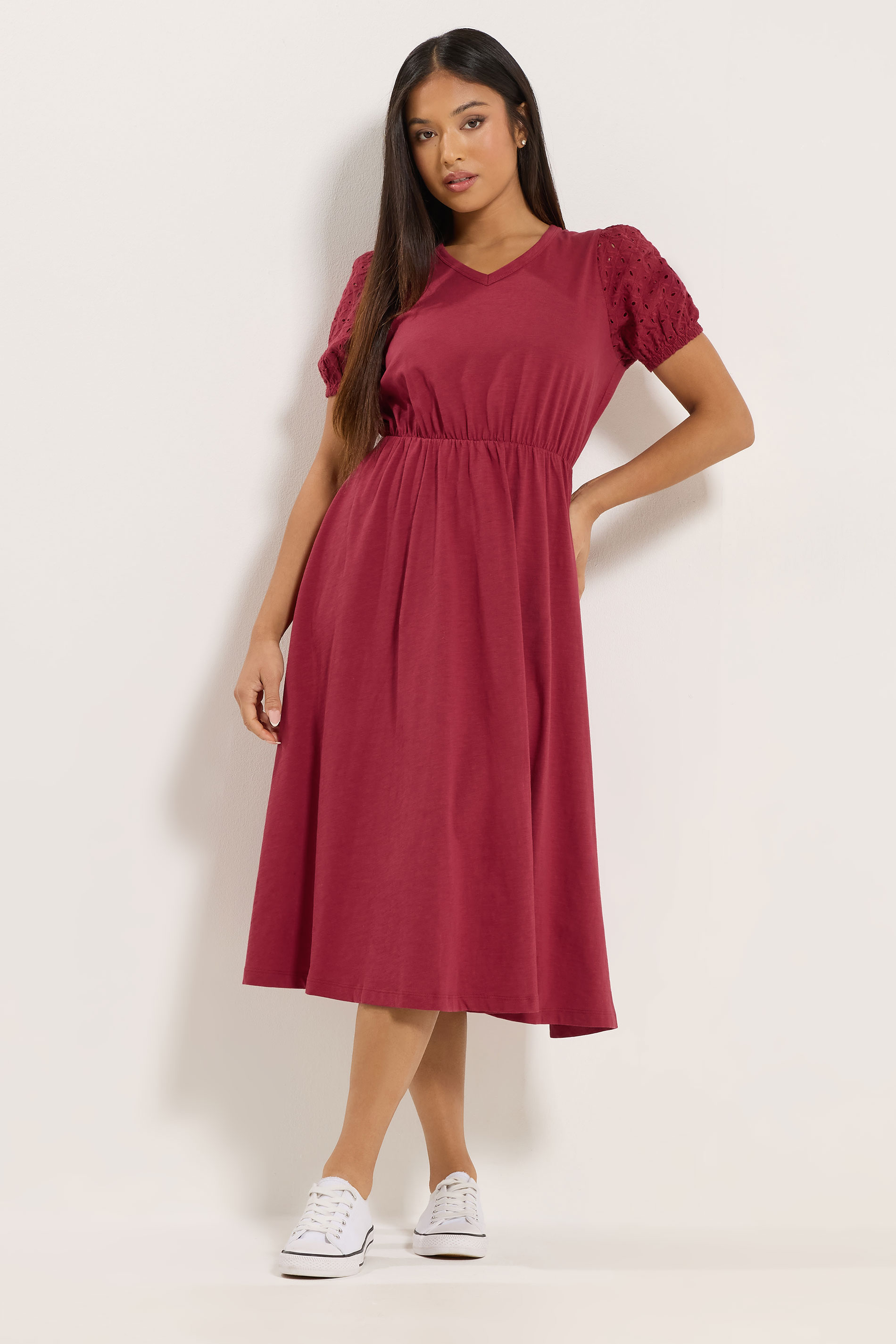 M&Co Petite Berry Red Broderie Sleeve Cotton Midi Dress | M&Co 3