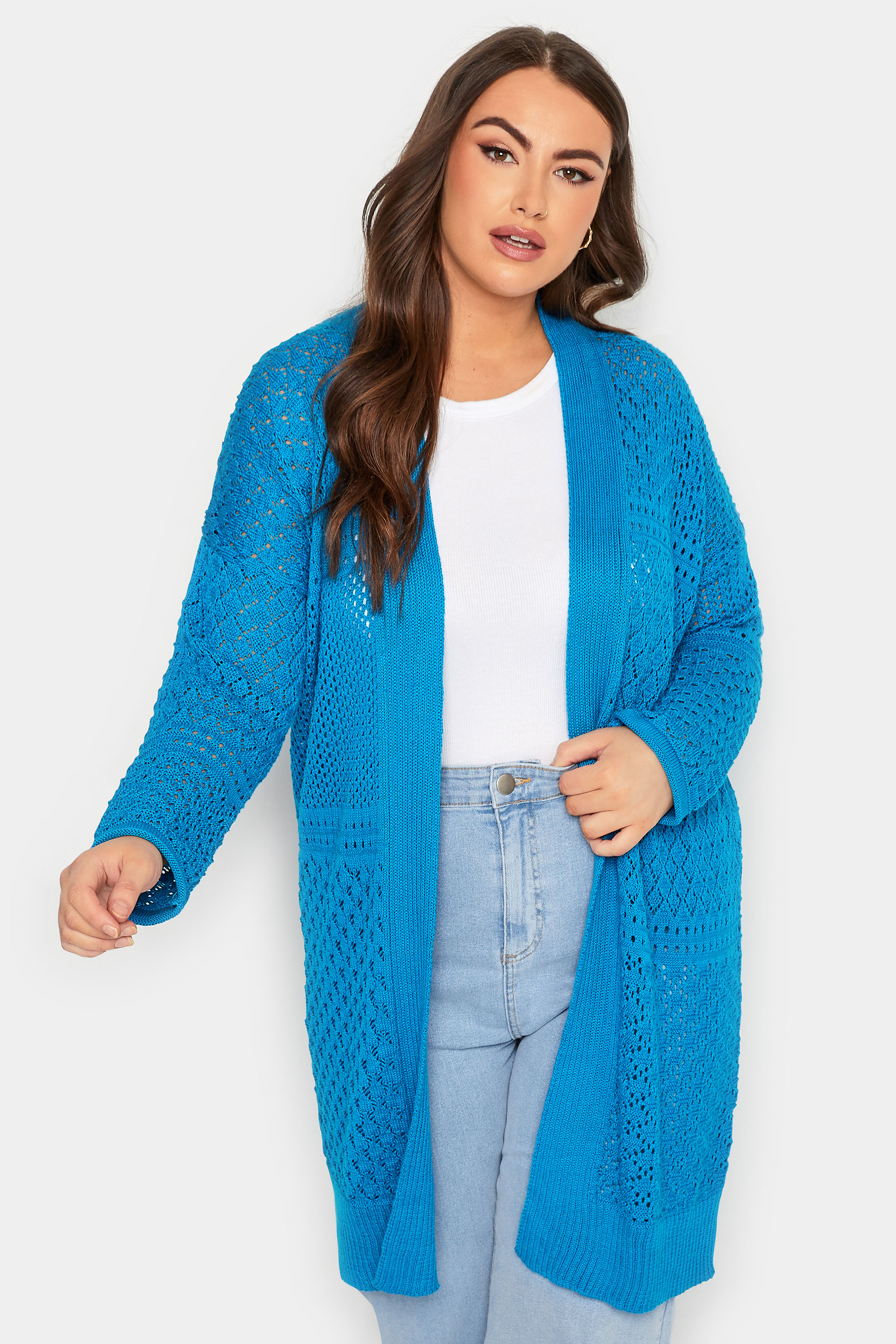 YOURS Plus Size Blue Pointelle Longline Cardigan | Yours Clothing 1