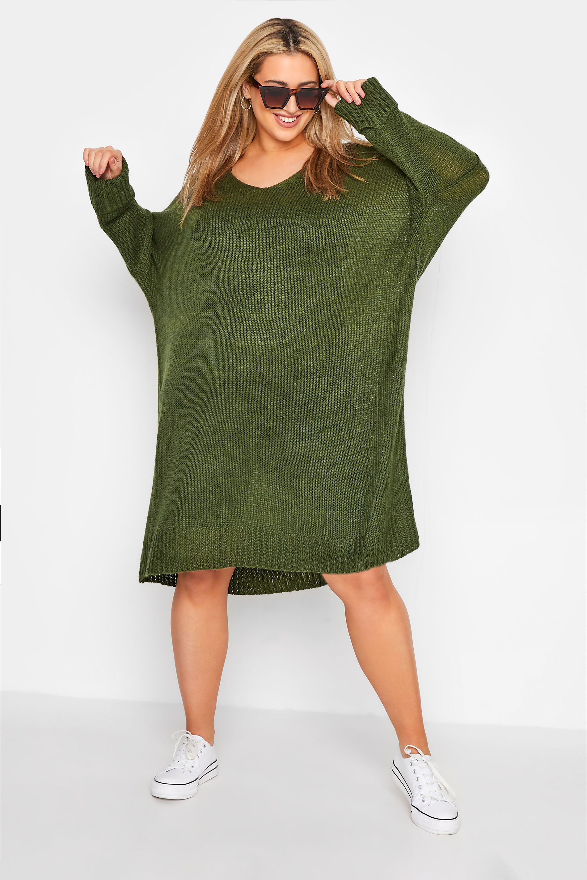 Curve Khaki Green Drop Sleeve Knitted Jumper Dress 1