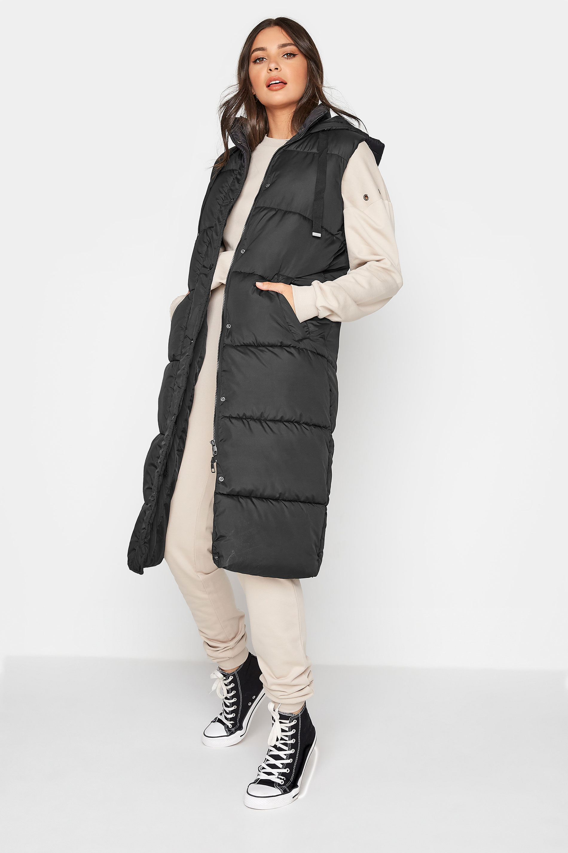 Tall Women's LTS Black Longline Hooded Puffer Gilet | Long Tall Sally 1