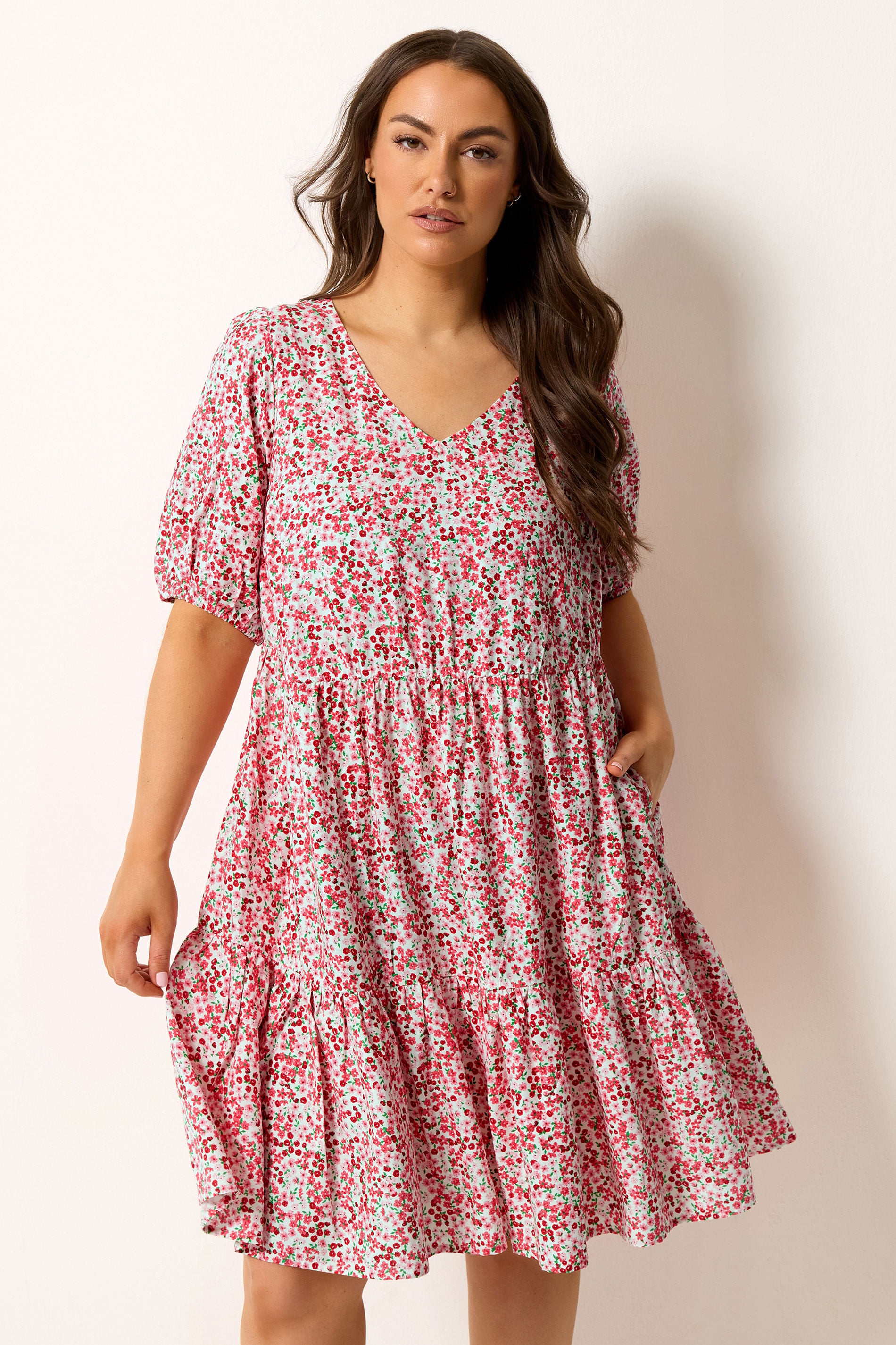 YOURS Plus Size Pink & White Floral Tiered Smock Dress | Yours Clothing 3