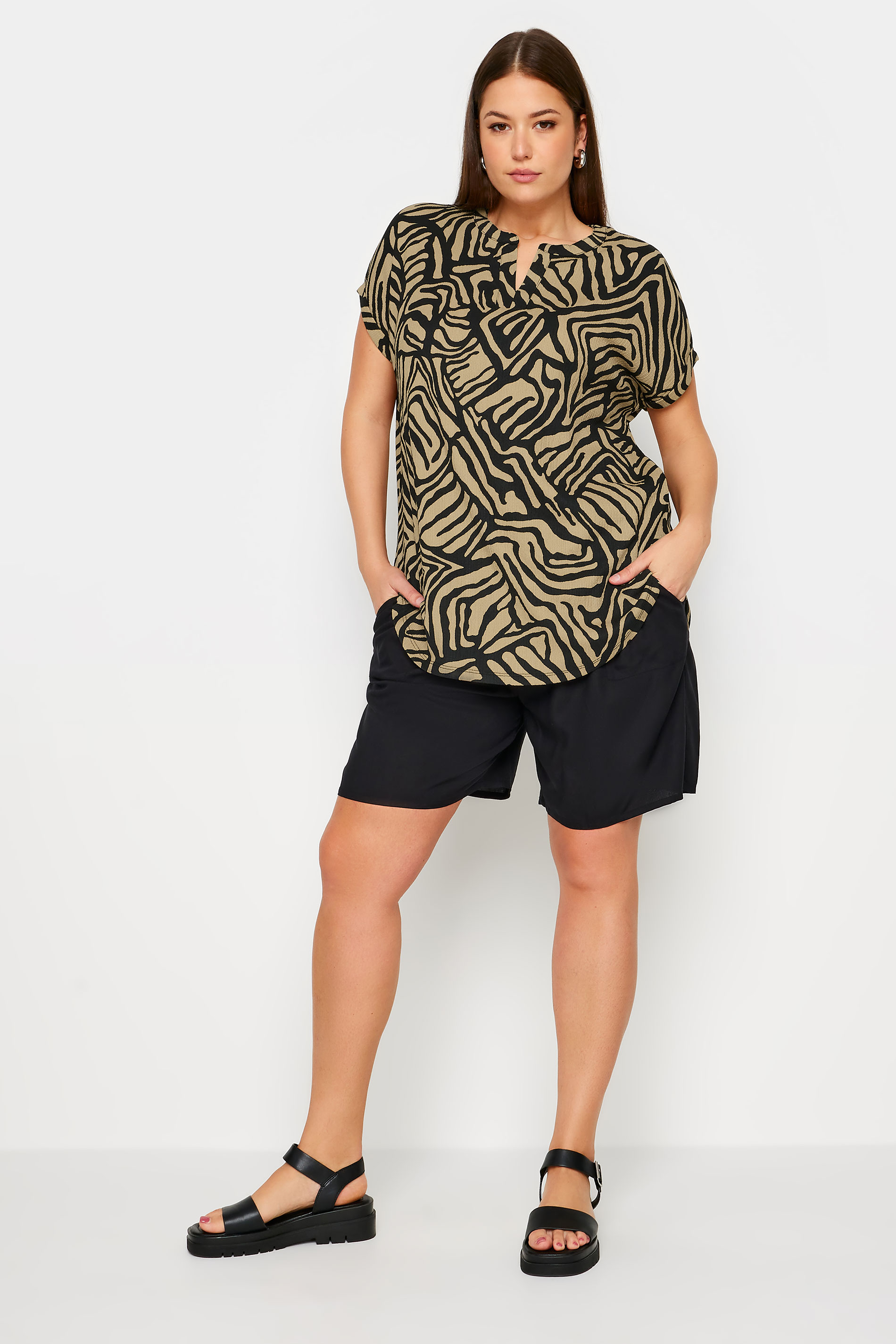 YOURS Plus Size Brown Abstract Print Textured Notch Neck Top | Yours Clothing 2