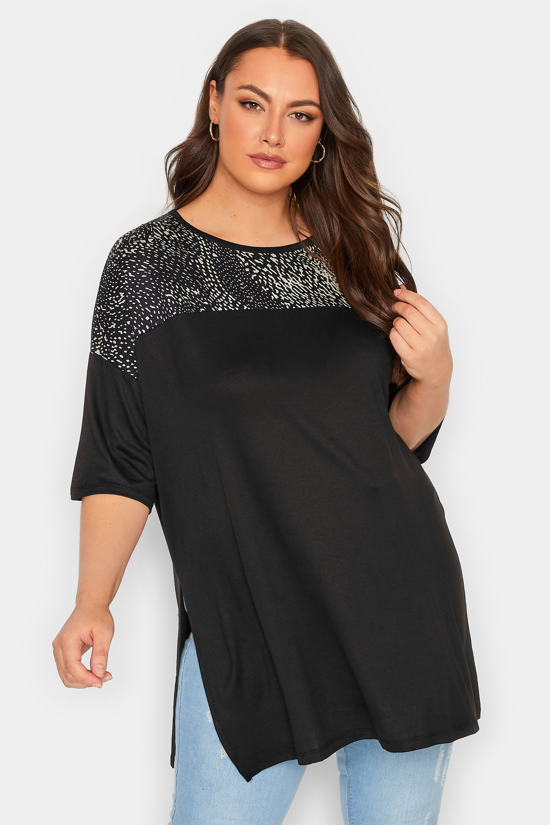 YOURS Plus Size Black Animal Print Contrast Detail Top | Yours Clothing 1