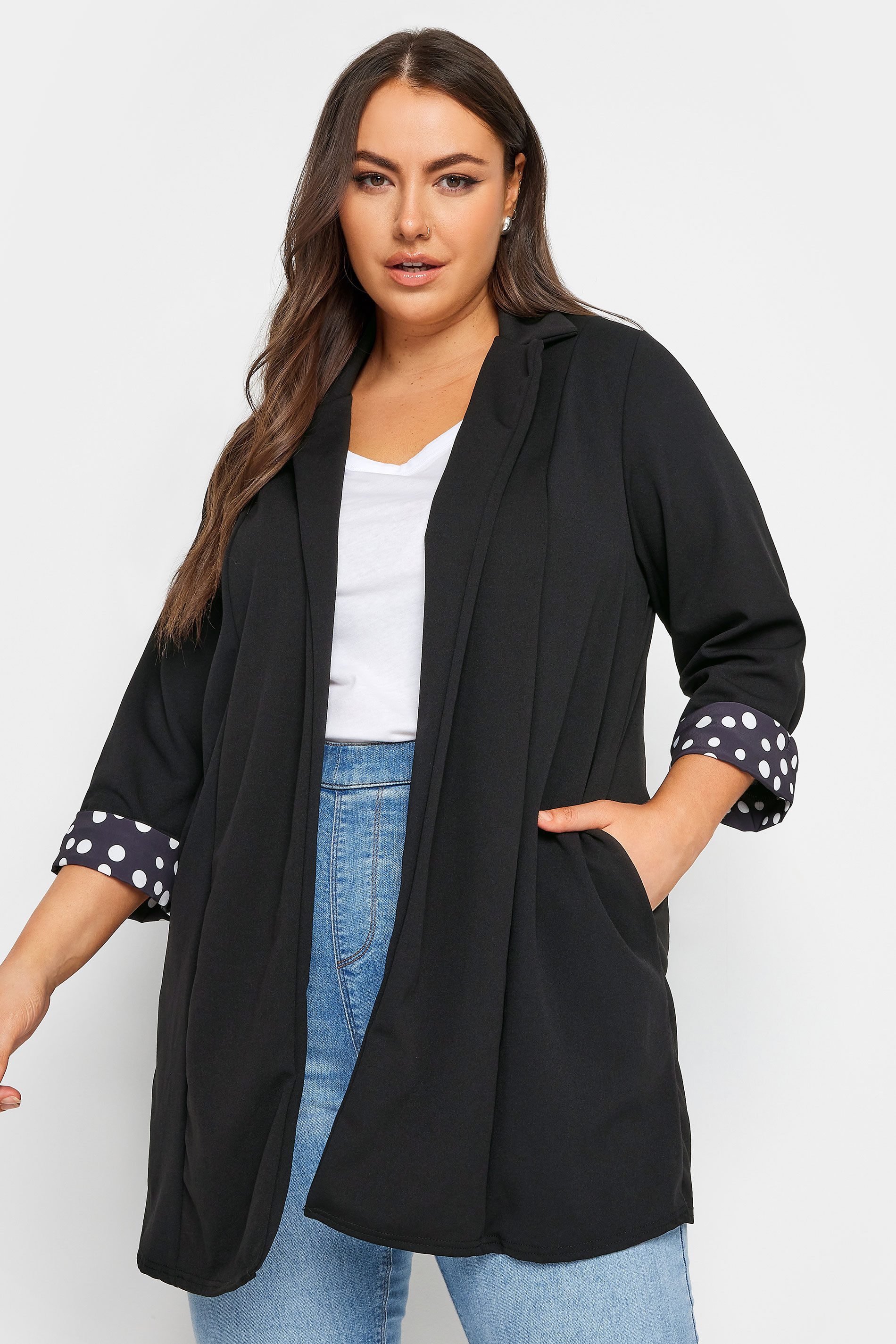 YOURS Curve Plus Size Black Polka Dot Roll Back Sleeve Blazer | Yours Clothing 1