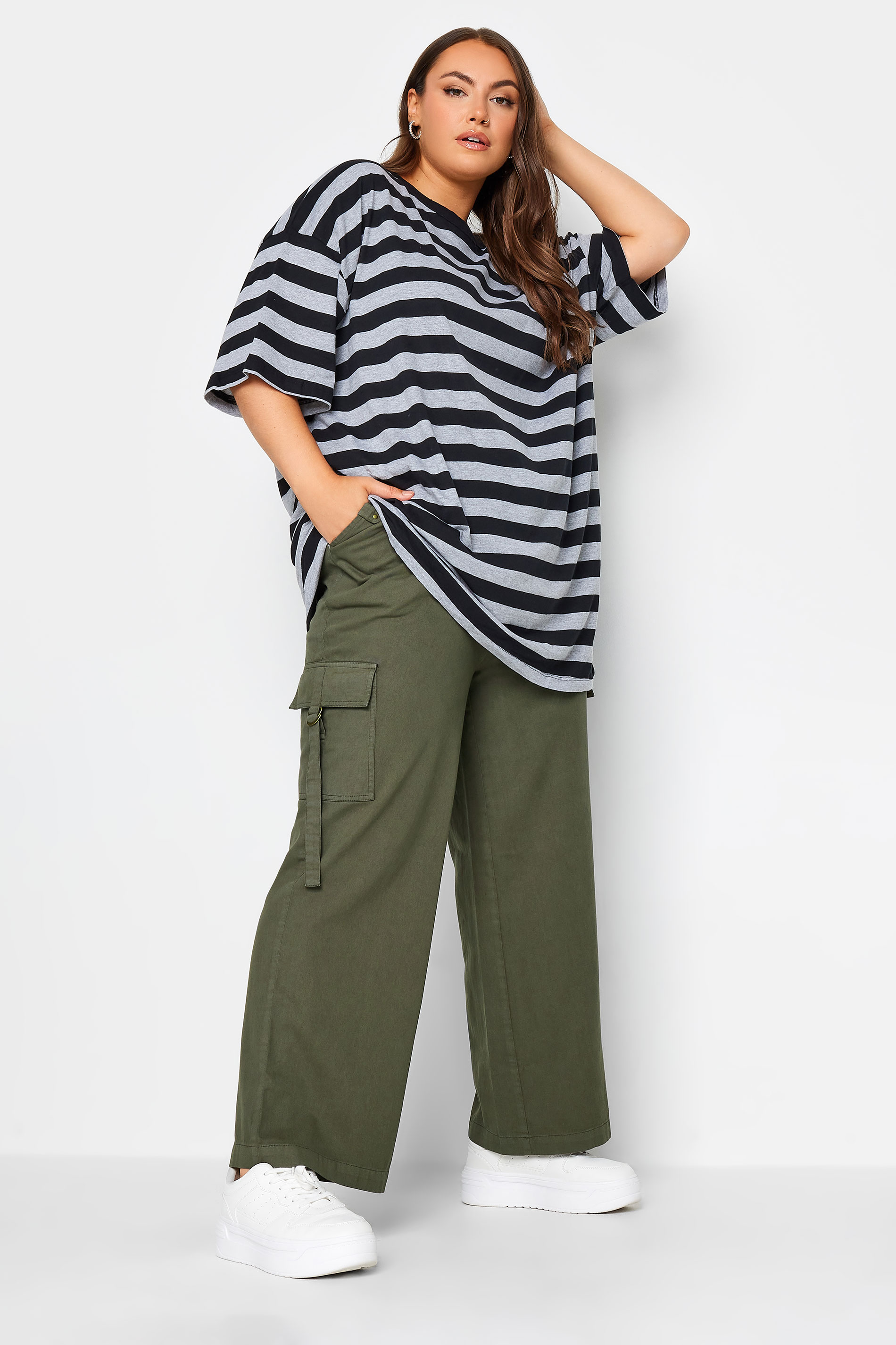 YOURS Plus Size Khaki Green Wide Leg Twill Cargo Trousers | Yours Clothing 2