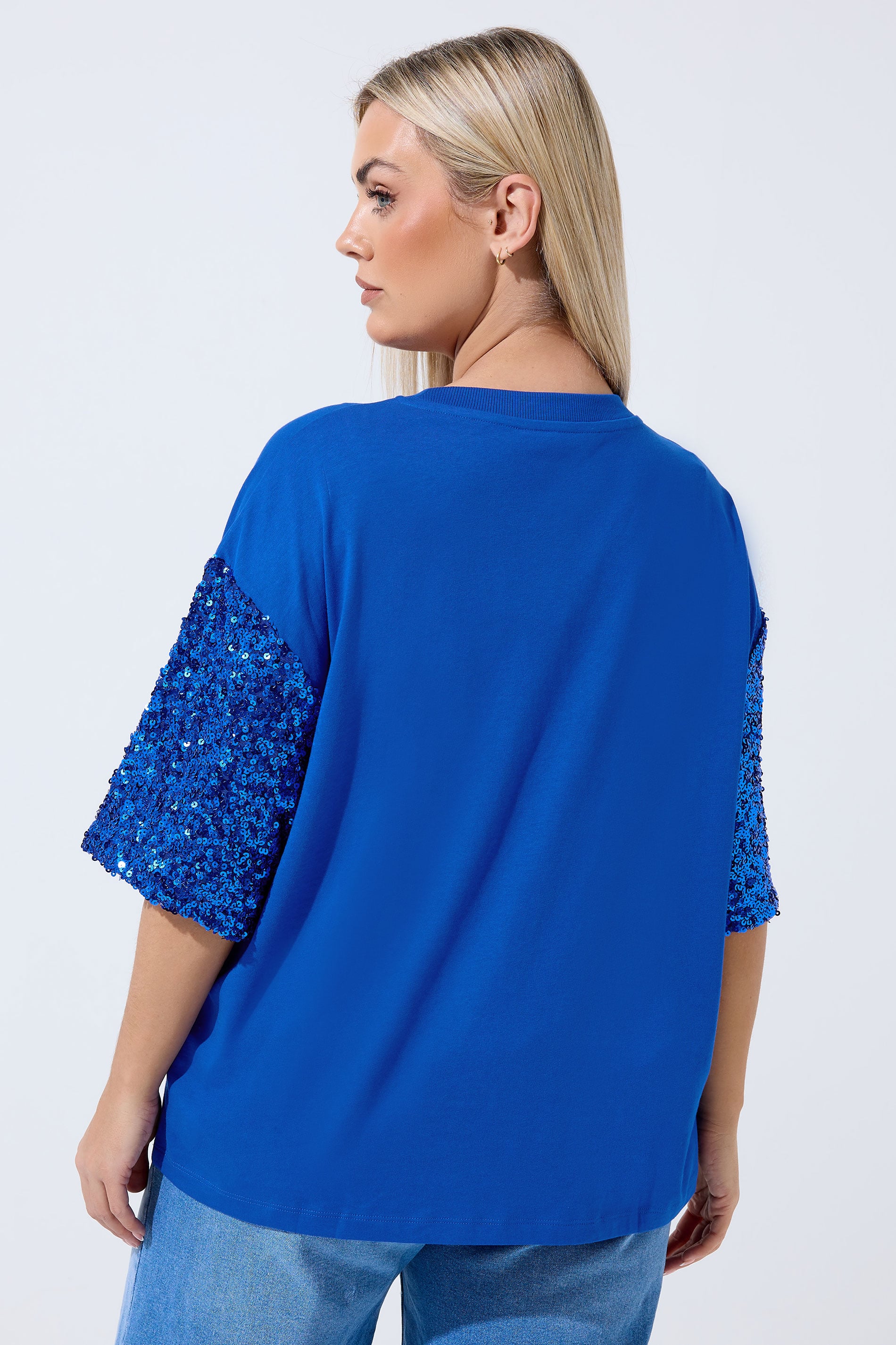 LIMITED COLLECTION Plus Size Cobalt Blue Sequin Sleeve T-Shirt | Yours Clothing 2