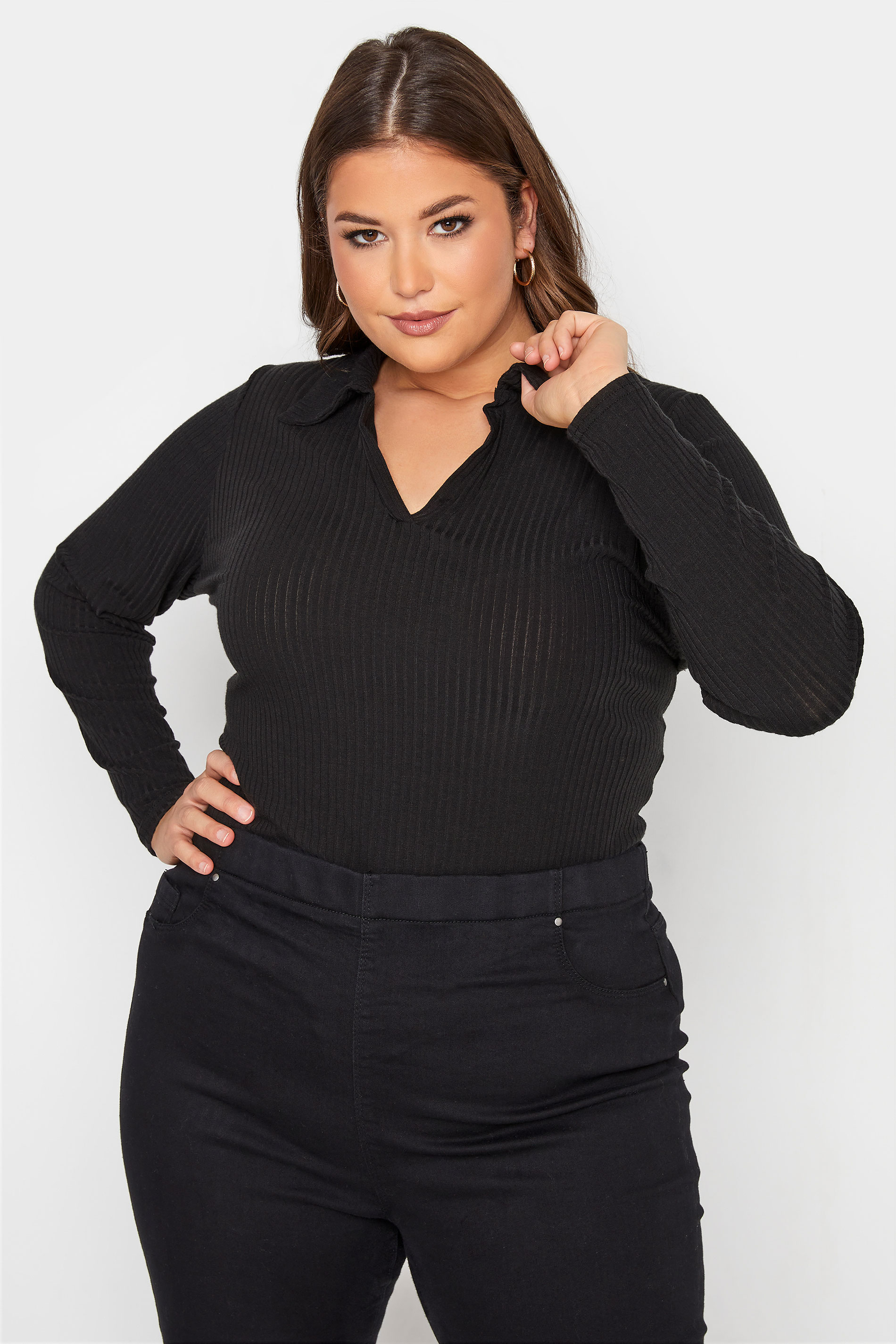 LIMITED COLLECTION Plus Size Black Ribbed Rugby Collar Bodysuit | Yours Clothing 1