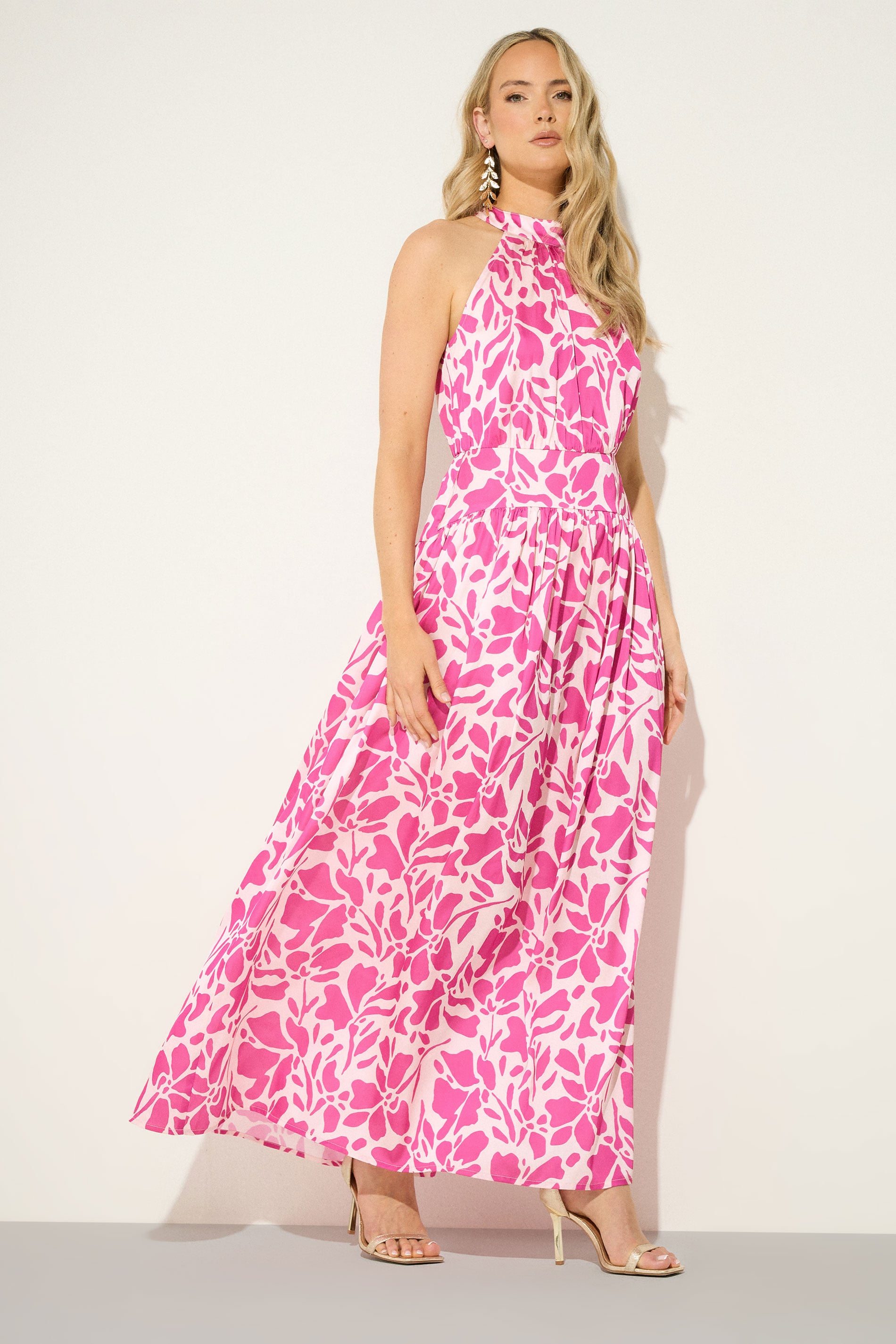 LTS Tall Women's Pink Abstract Satin Halterneck Maxi Dress | Long Tall Sally 3