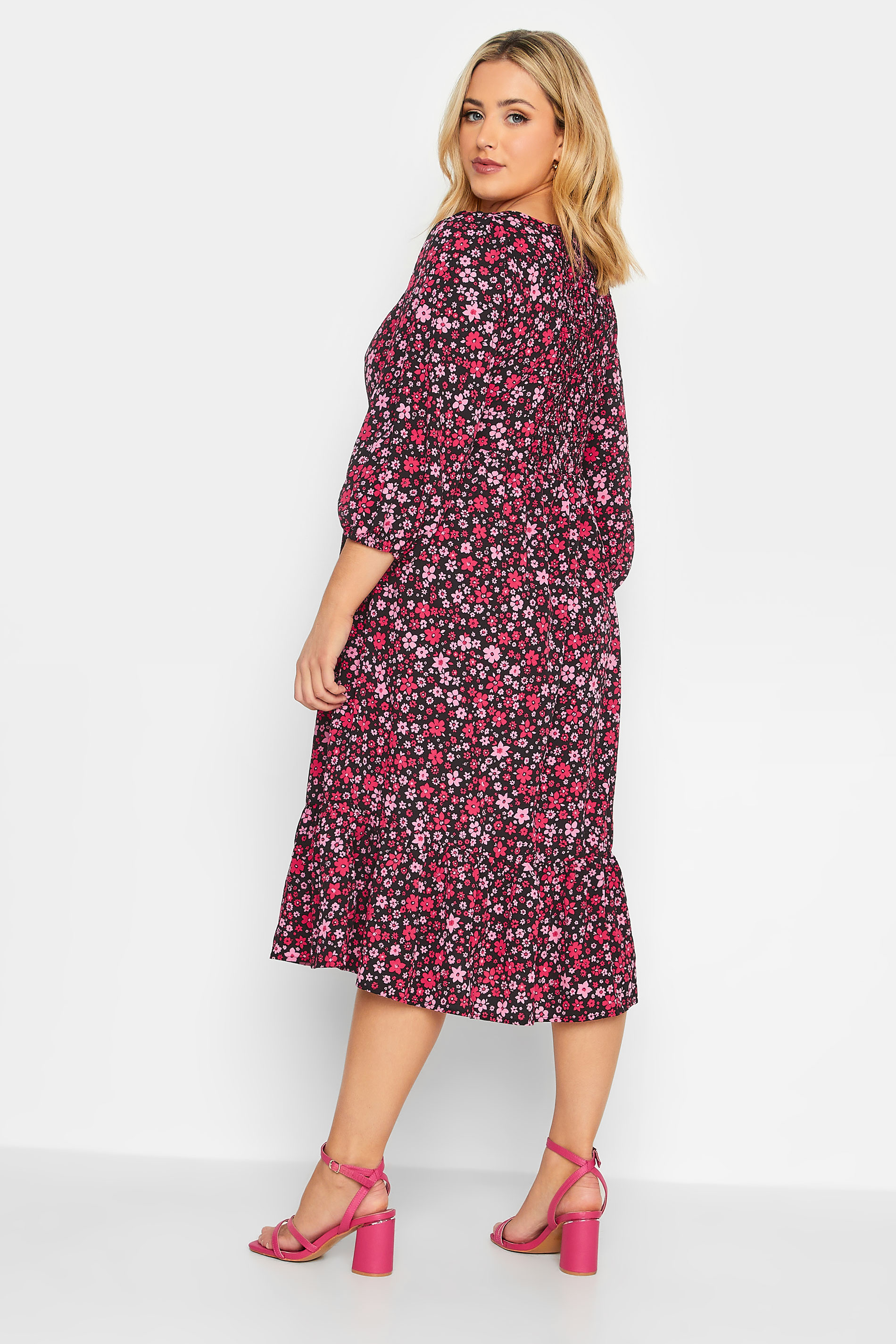 Plus Size Black & Pink Floral Smock Midi Dress | Yours Clothing  3