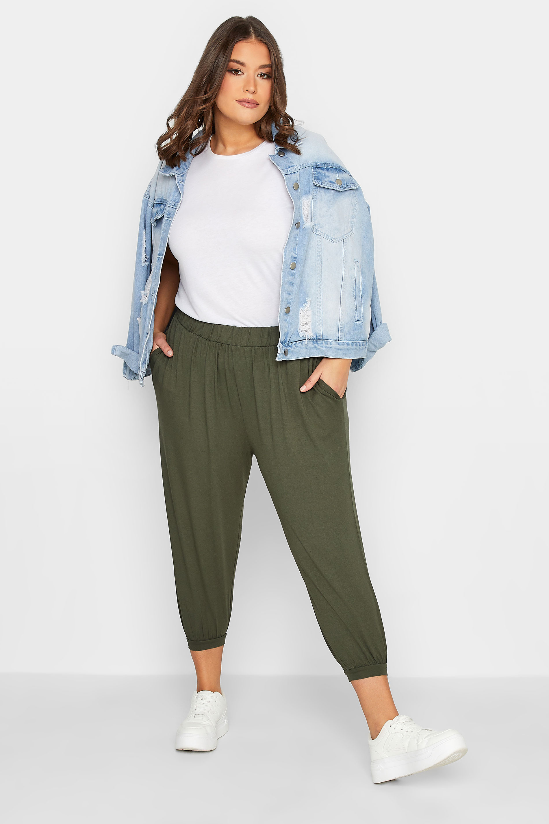 YOURS Plus Size Khaki Green Jersey Cropped Harem Trousers | Yours Clothing 2