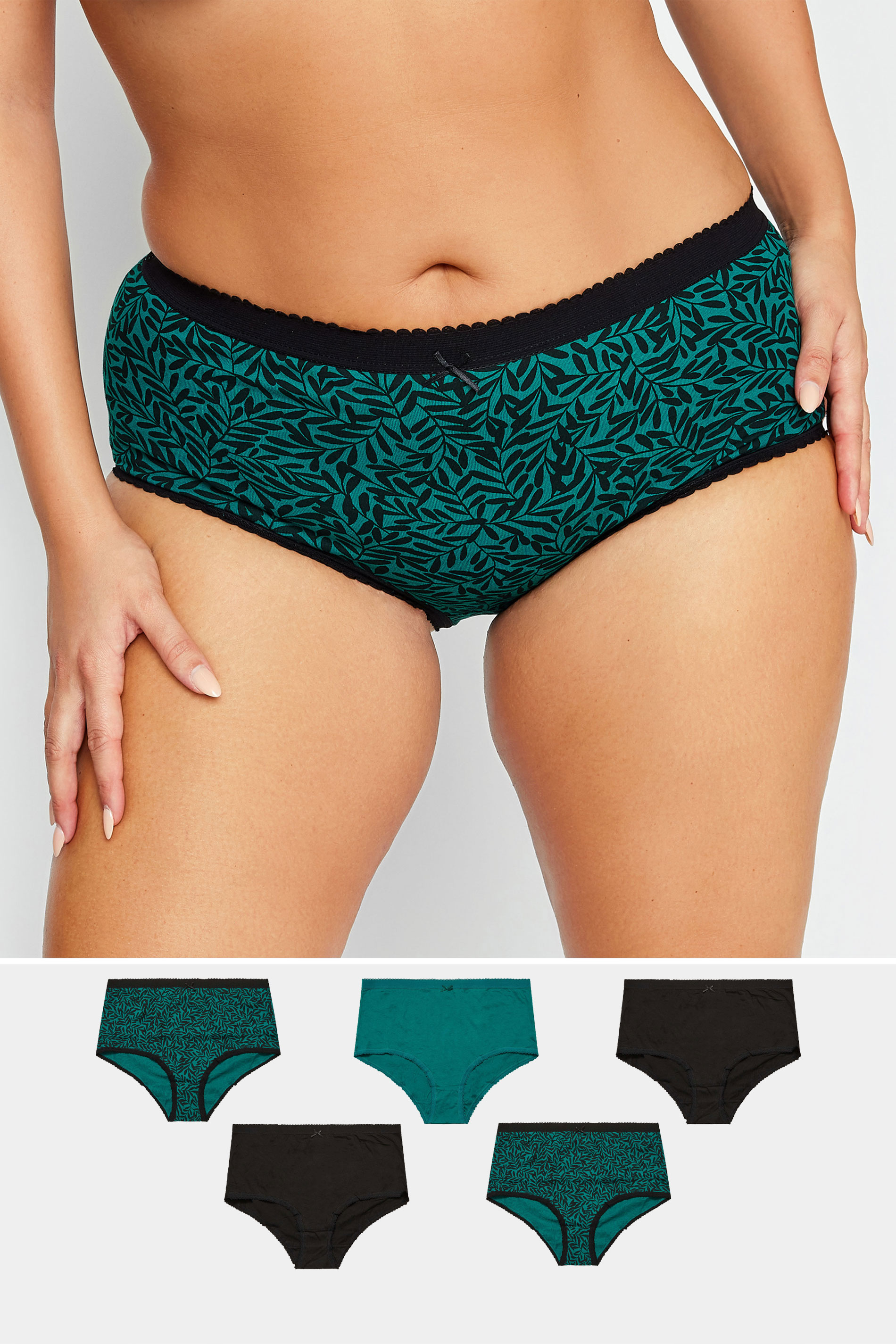 YOURS 5 PACK Curve Green Leaf Print Full Briefs | Yours Clothing 1