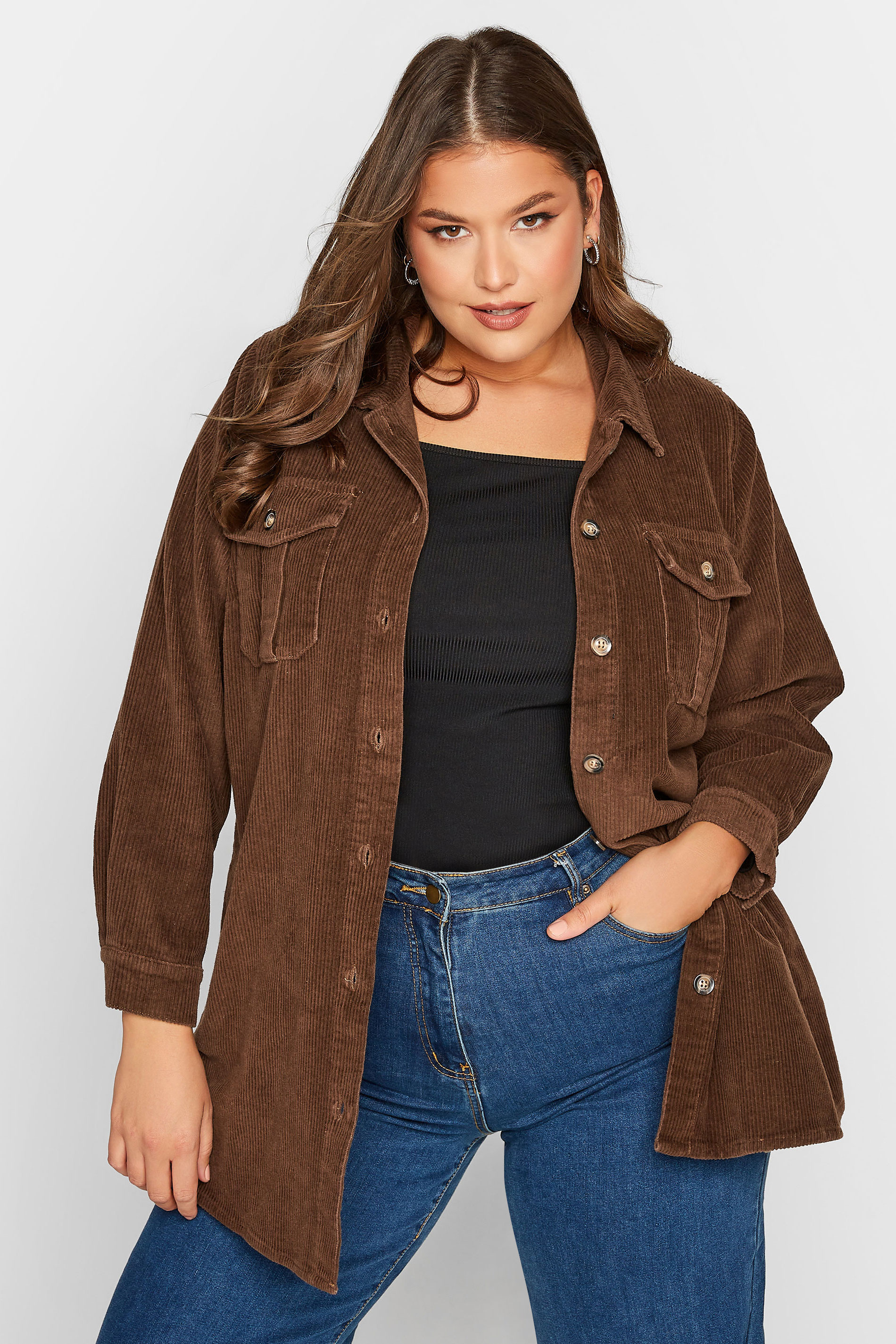 LIMITED COLLECTION Plus Size Chocolate Brown Corduroy Shacket | Yours Clothing 1