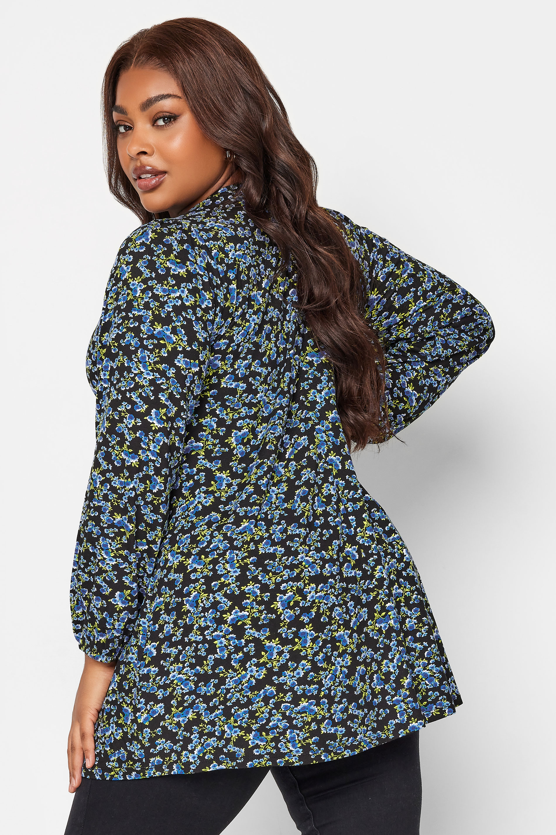 Plus Size Blue Long Sleeve Floral Print Swing Top | Yours Clothing 3