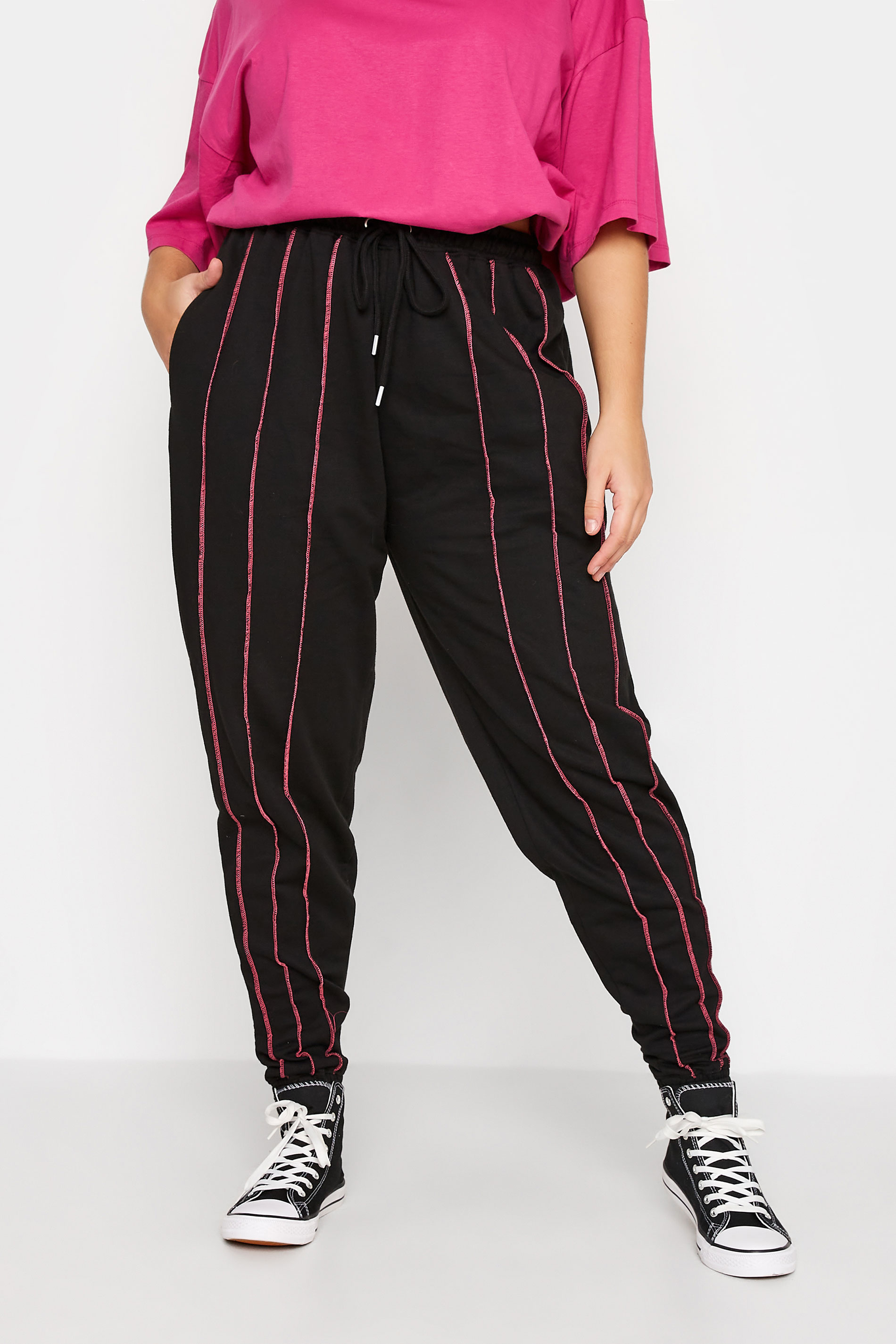 Plus Size Black Overlock Stitch Contrast Joggers | Yours Clothing 1
