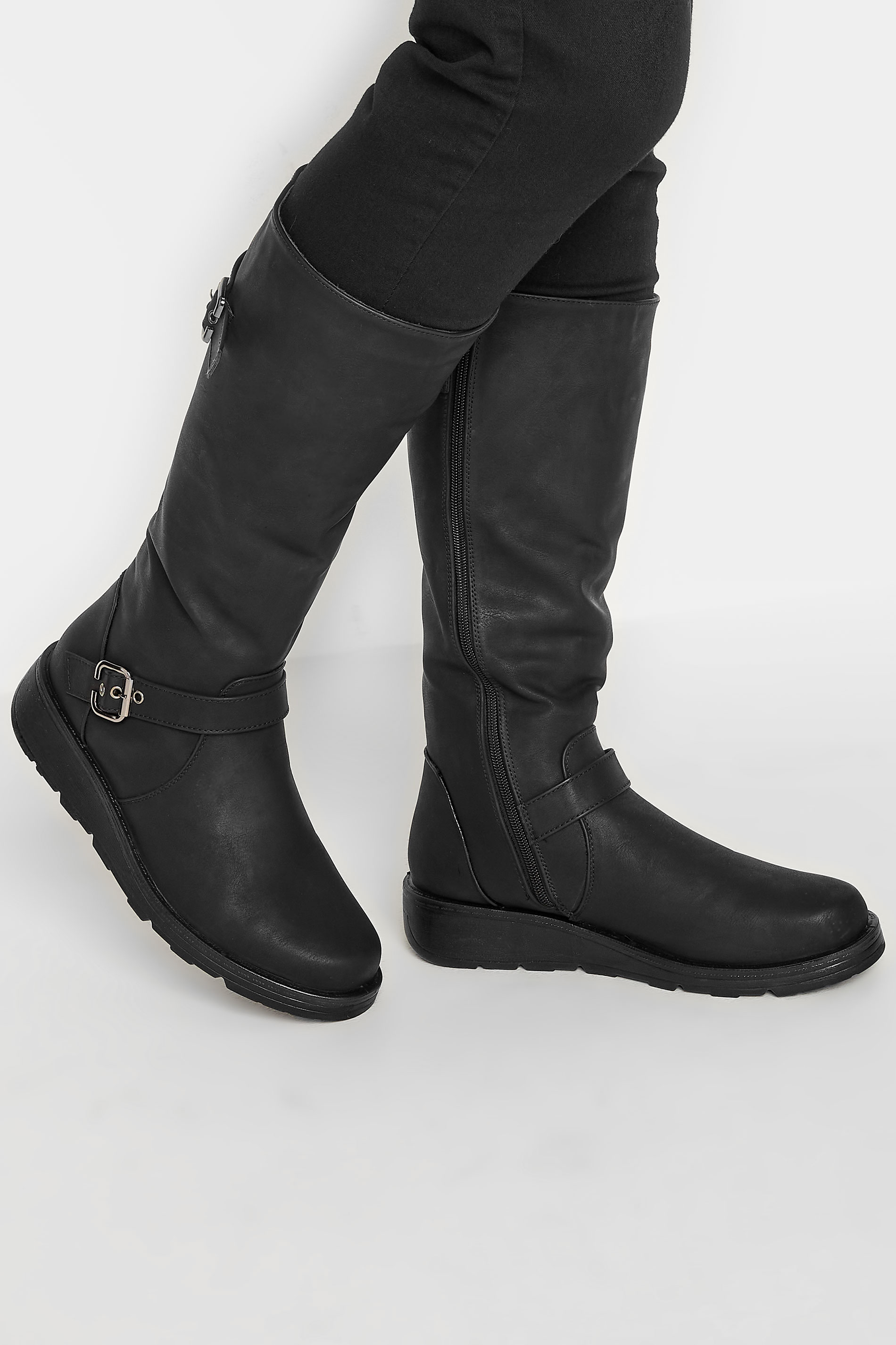 Black Knee High Wedge Boots In Wide E Fit | Yours Clothing 1