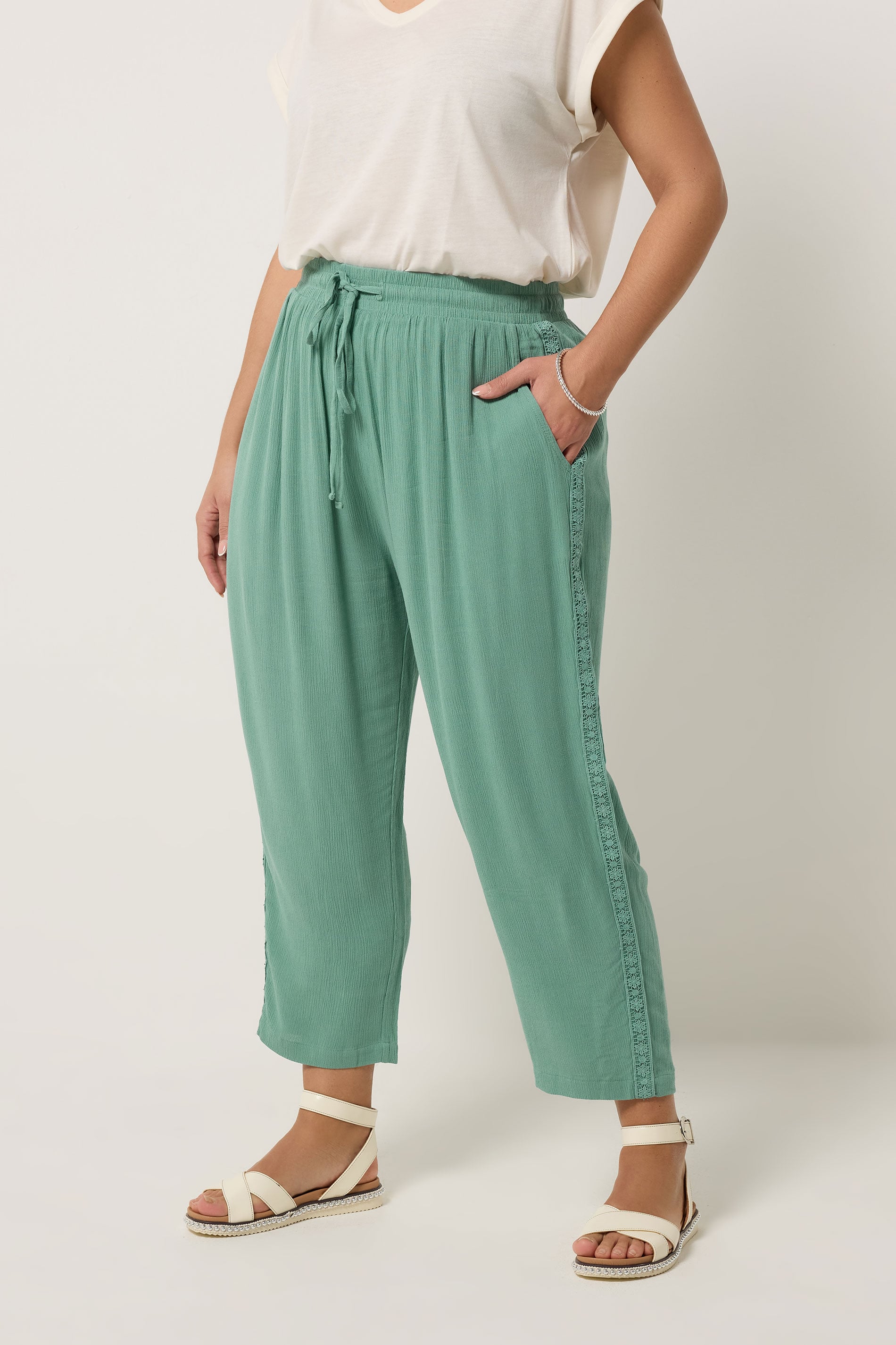 YOURS Plus Size Mint Crochet Side Crop Trousers | Yours Clothing 3