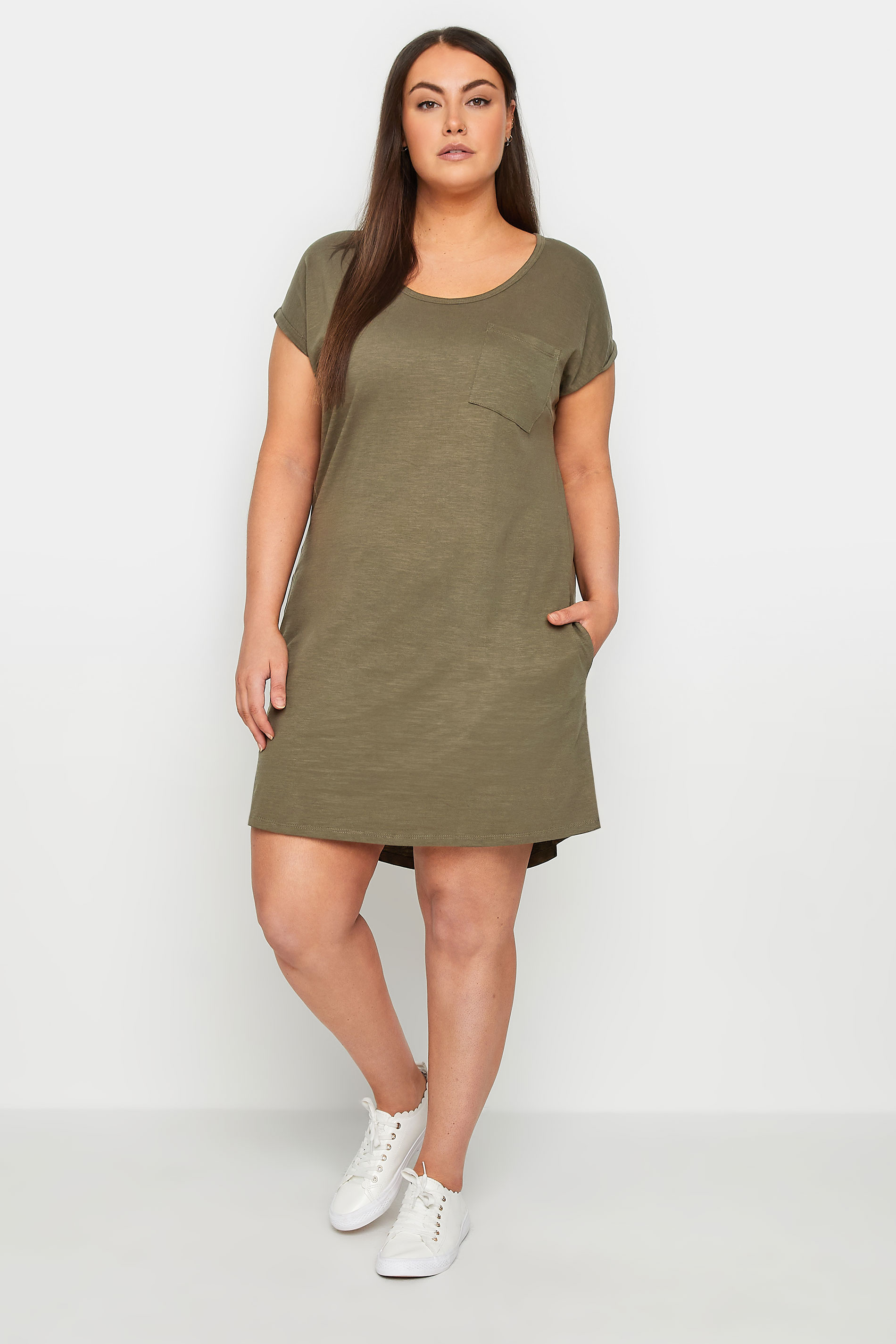 Evans Natural Olive Green Pocket Detail T-Shirt Dress 1