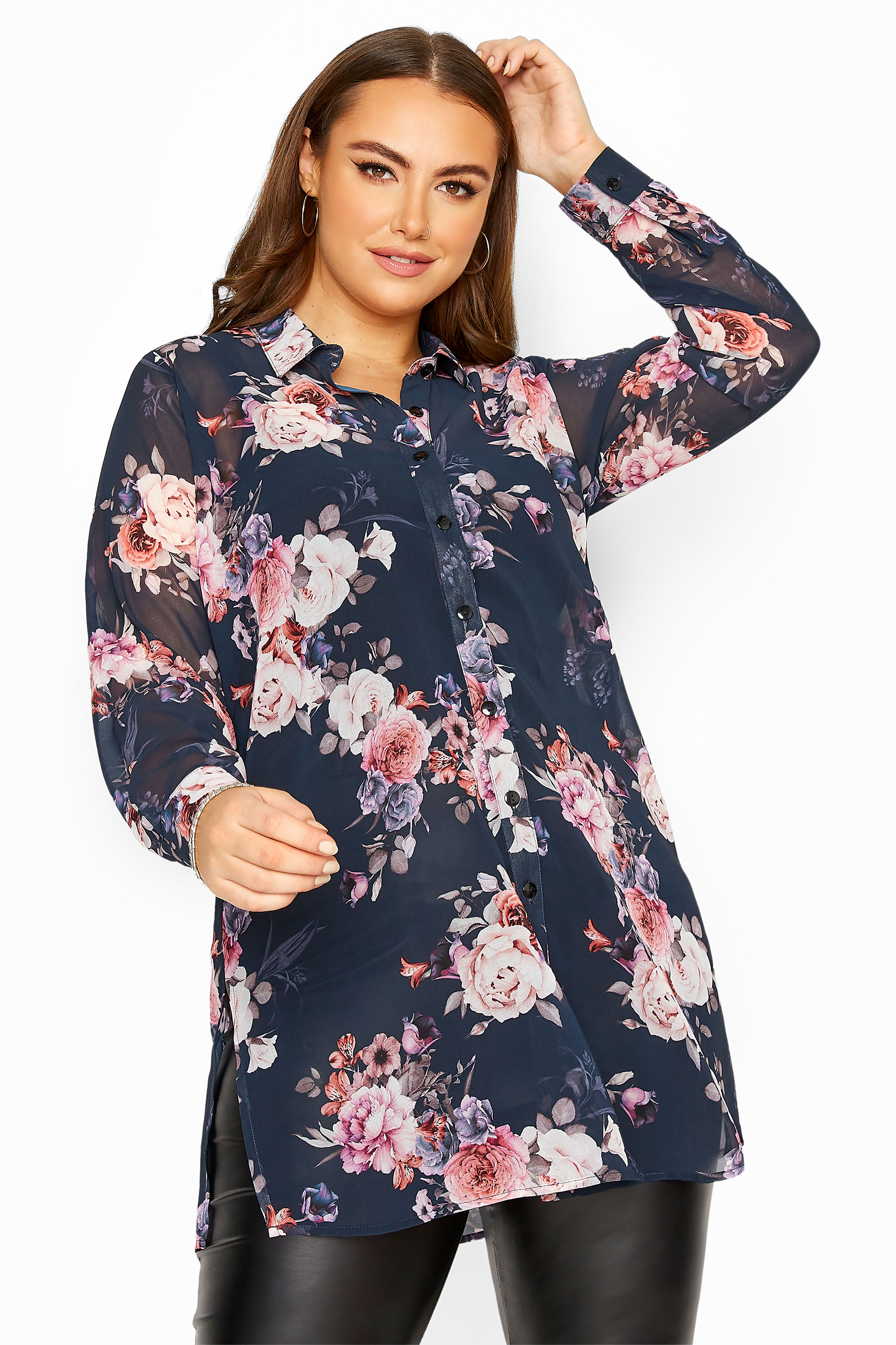 YOURS LONDON Navy Floral Print Chiffon Shirt | Yours Clothing