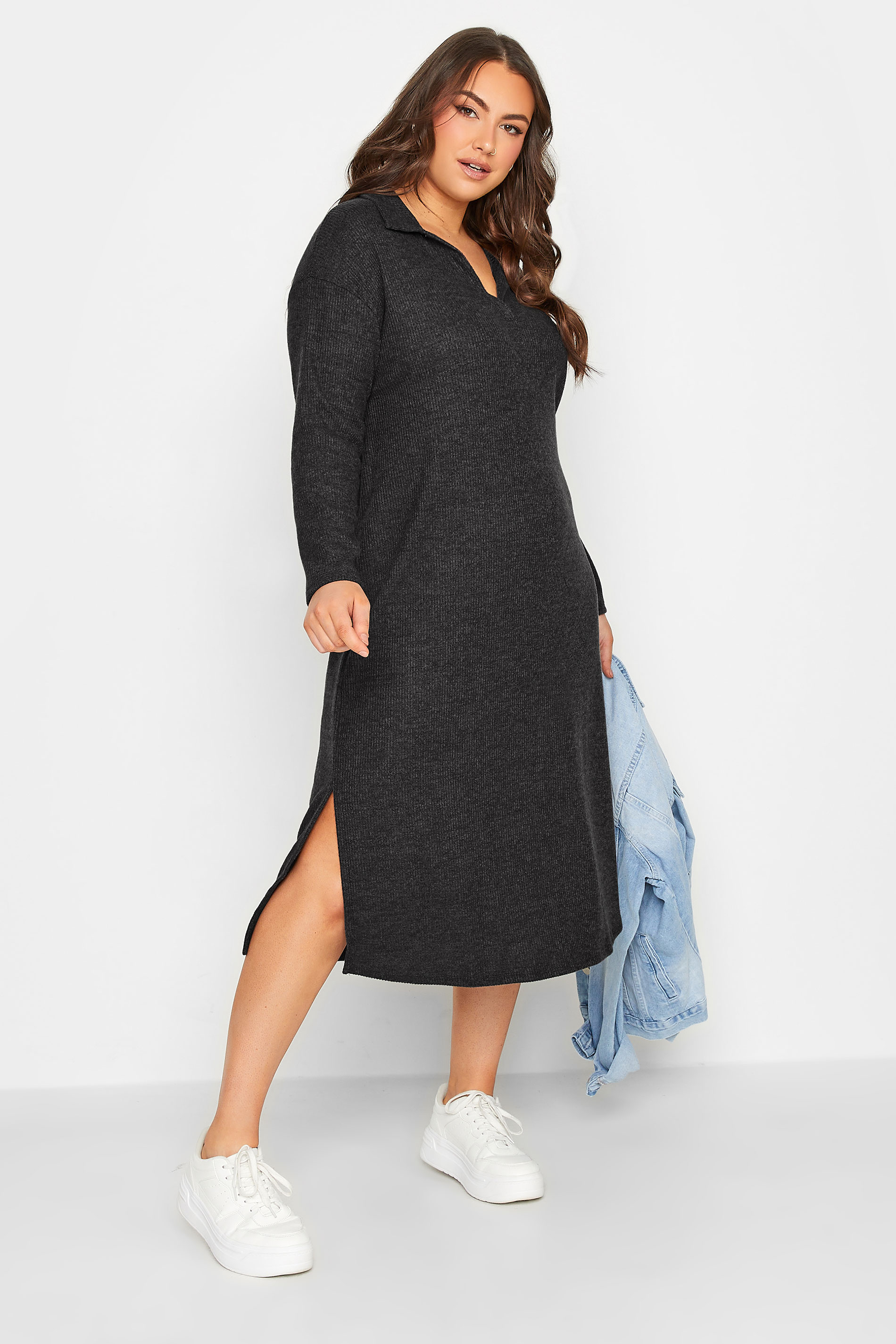 Plus Size Charcoal Grey Soft Touch Open Collar Midi Dress | Yours Clothing  1