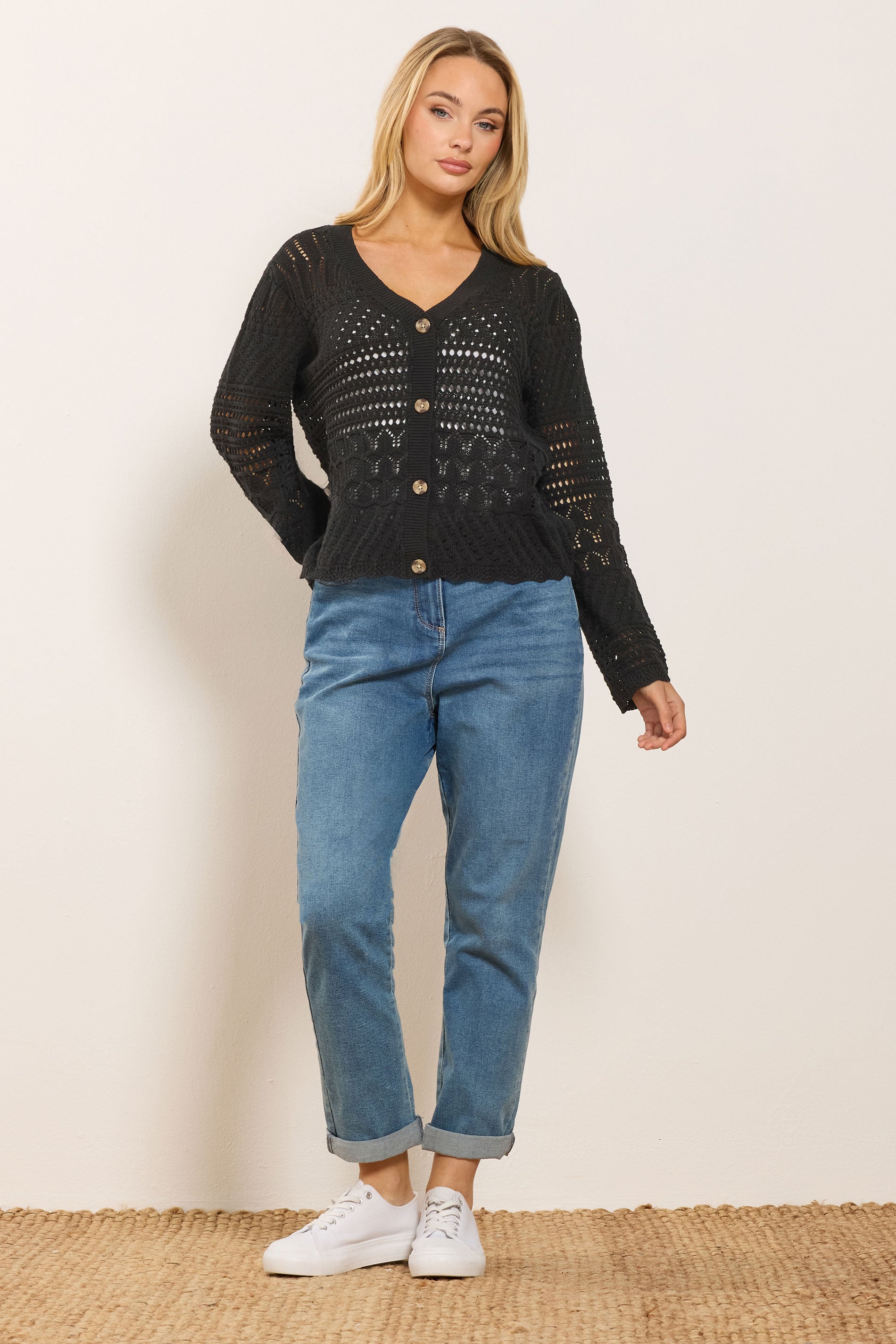M&Co Black Crochet Button Through Cardigan | M&Co 1