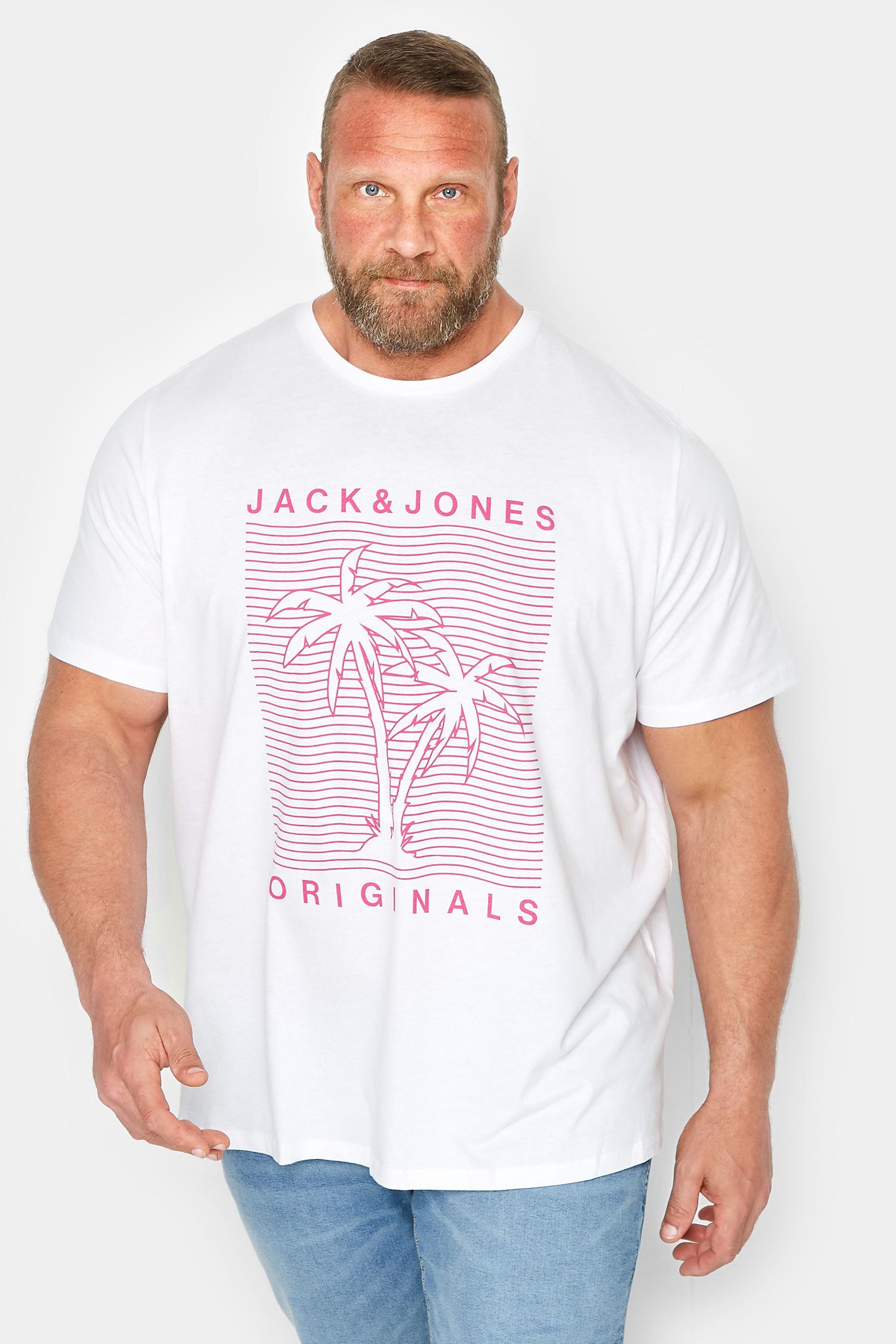 JACK & JONES Big & Tall White Originals Palm Tree Print T-Shirt | BadRhino 1