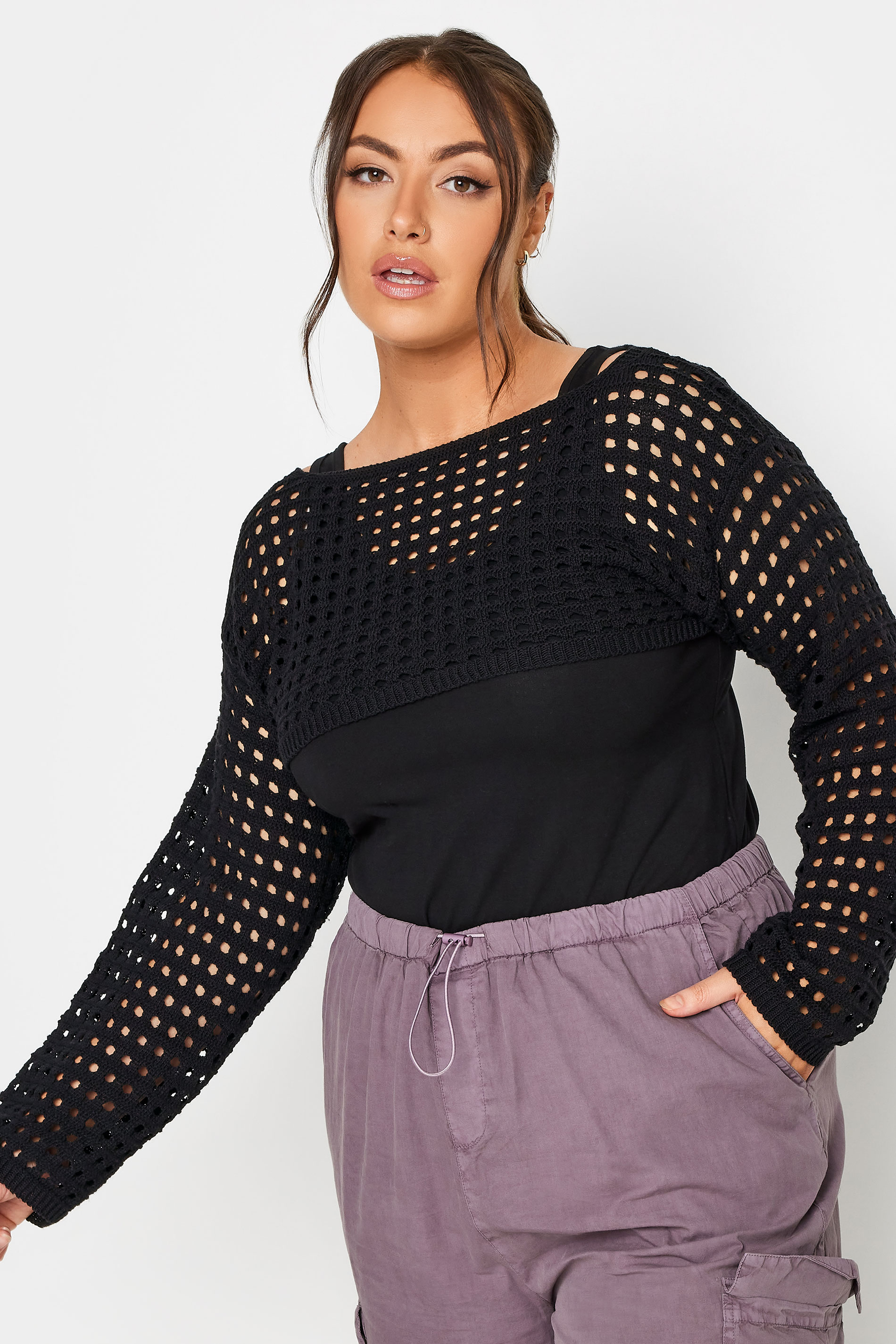 LIMITED COLLECTION Plus Size Black Ultra Cropped Crochet Knit Arm Warmer | Yours Clothing 1