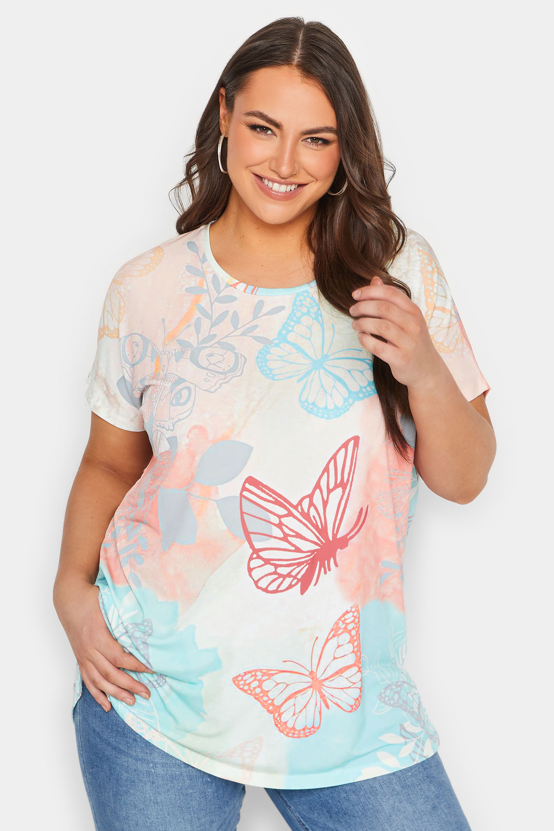 YOURS Curve Plus Size White Butterfly Print T-Shirt | Yours Clothing  1
