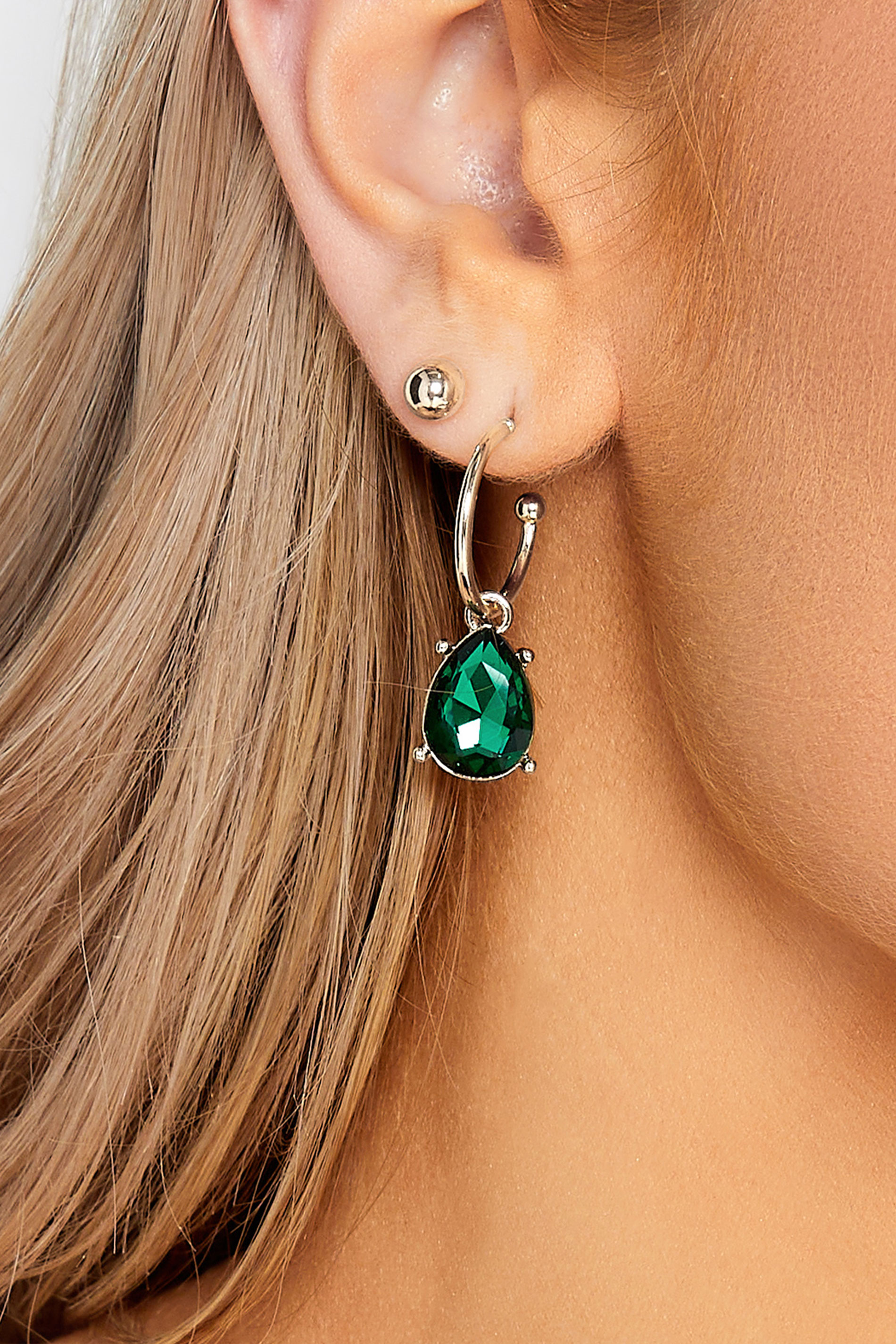 2 PACK Gold Tone & Emerald Green Charm Hoop & Stud Earring Set | Yours Clothing 2