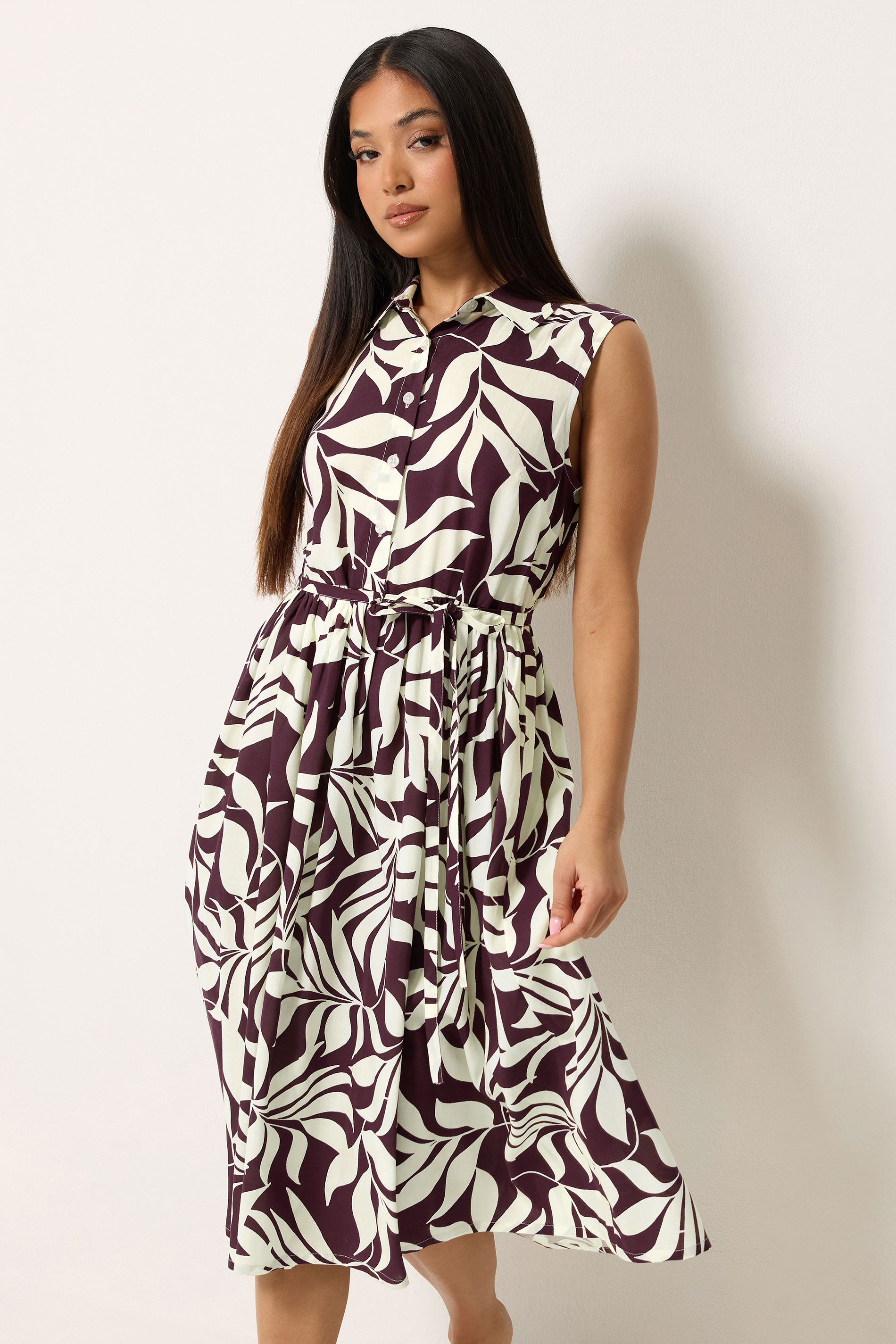 M&Co Petite Berry Purple Leaf Printed Sleeveless Midi Dress | M&Co 3
