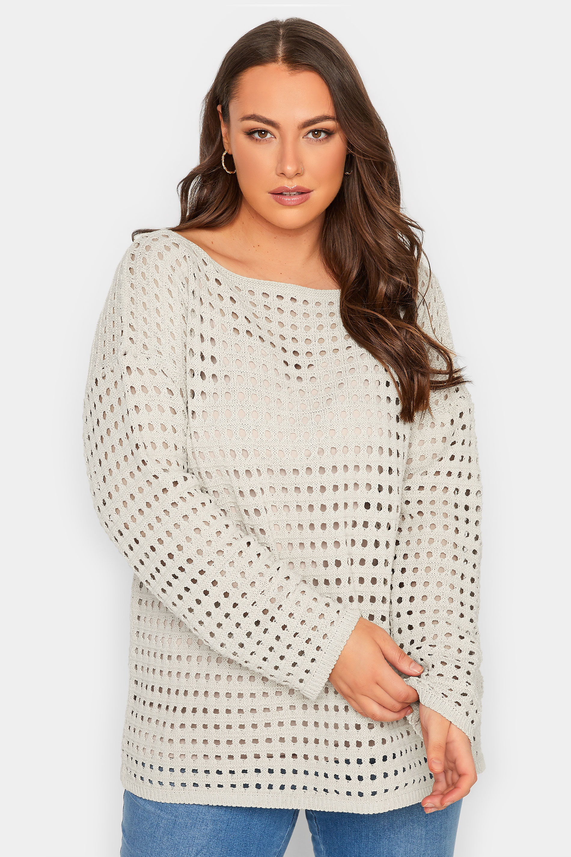 YOURS Plus Size Beige Brown Crochet Jumper | Yours Clothing 1