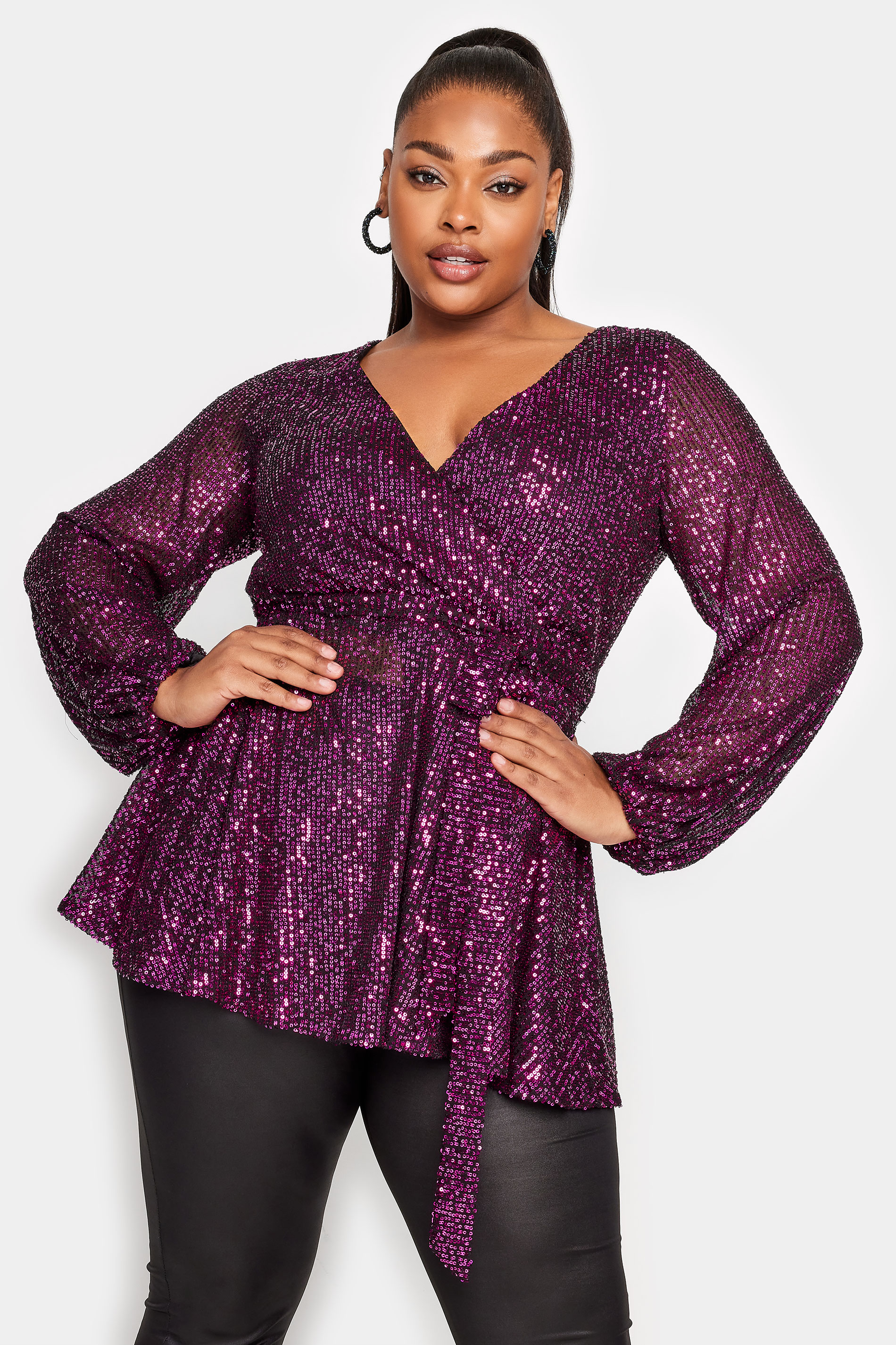 YOURS LONDON Plus Size Pink Sequin Wrap Top | Yours Clothing