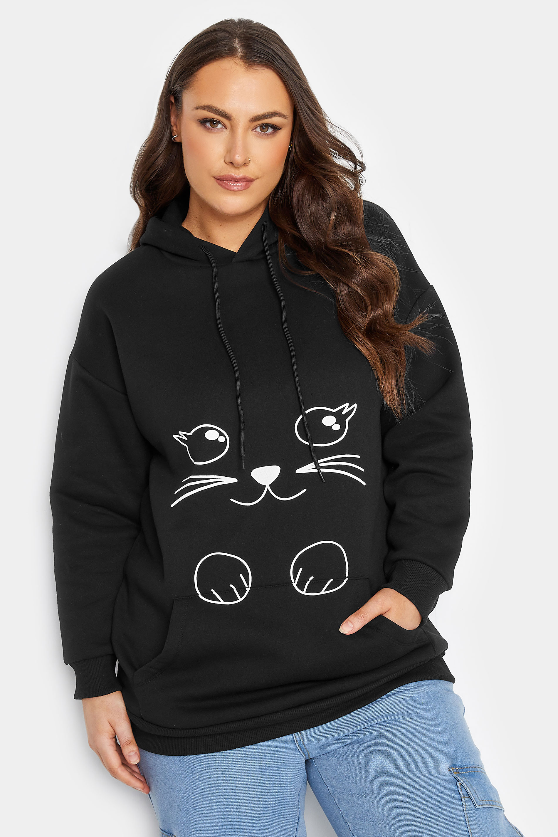 Plus Size Black Cat Graphic Print Hoodie | Yours Clothing 1