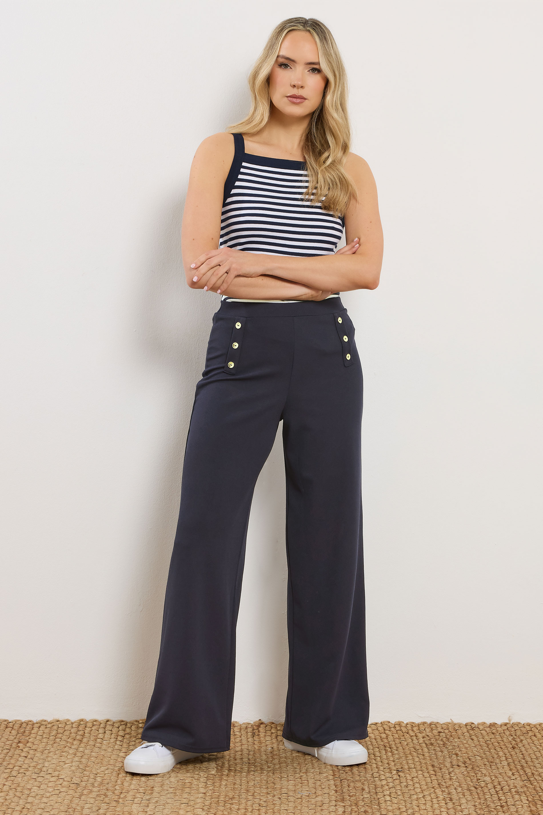 LTS Tall Navy Blue Military Button Detail Wide Leg Trousers | Long Tall Sally 3