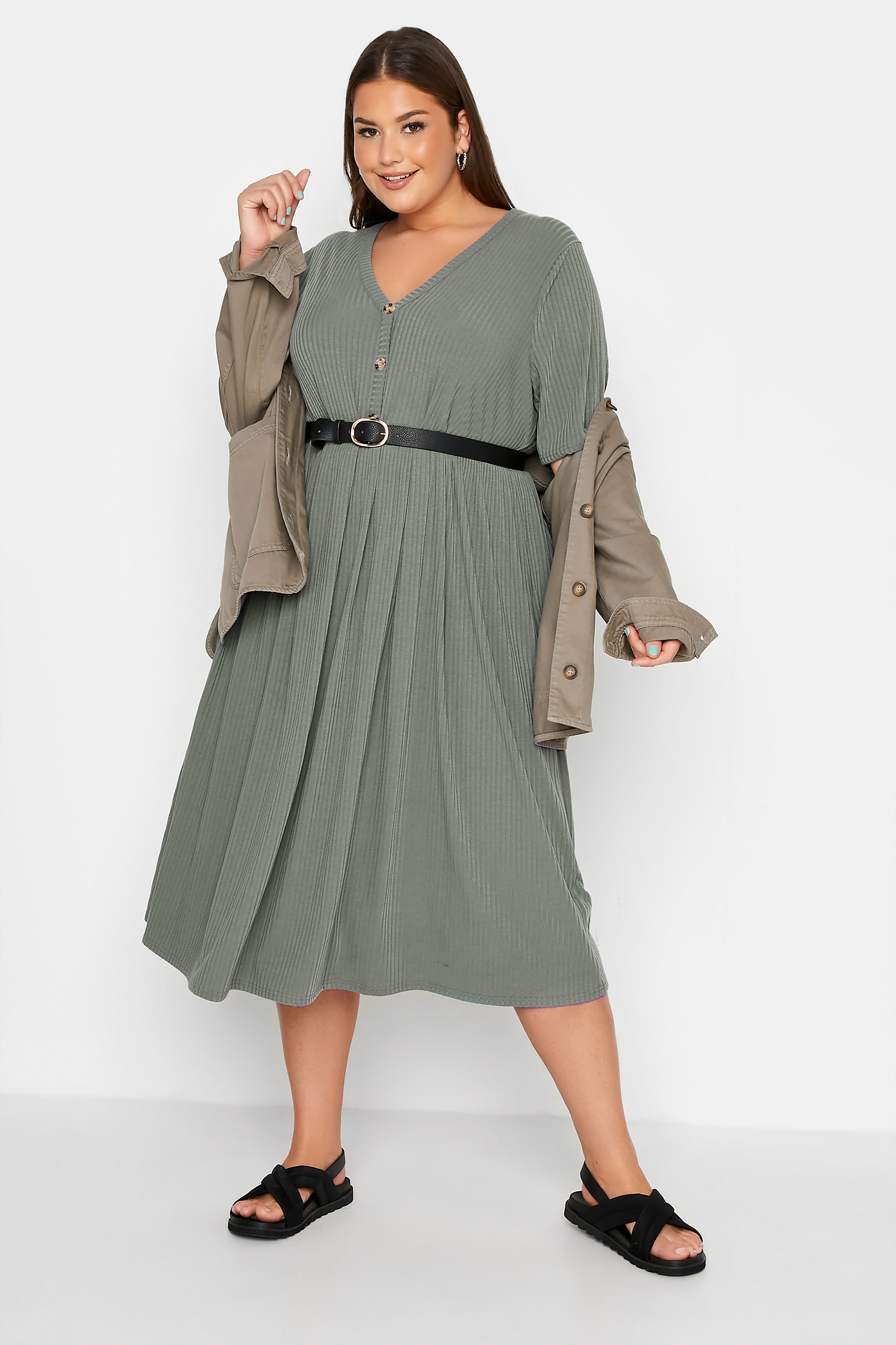 Robes Grande Taille Grande taille  Robes Mi-Longue | LIMITED COLLECTION - Robe Verte Kaki Nervuré Peplum - UN37772