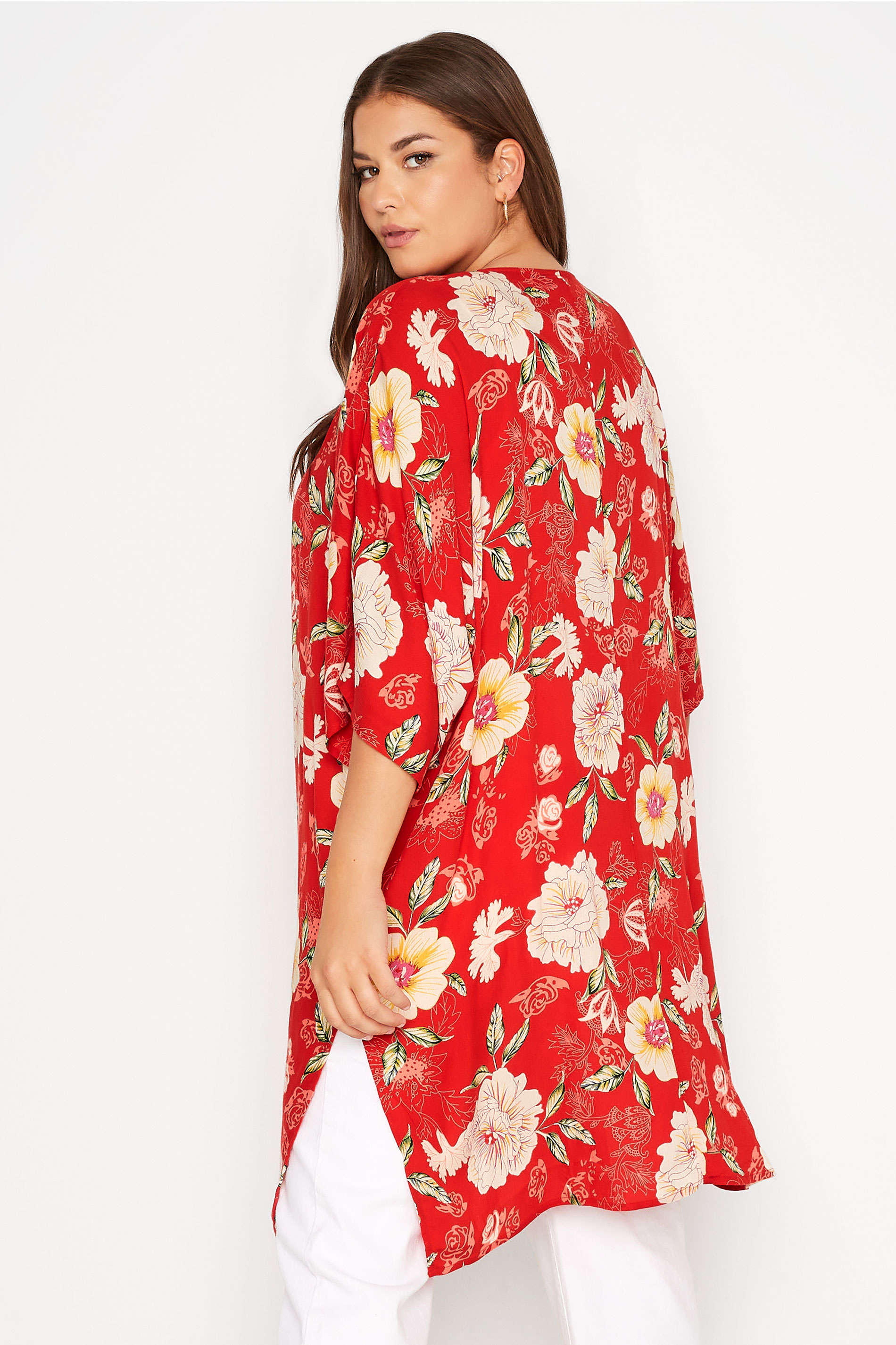 Plus Size Red Floral Print Longline Kimono Cardigan | Yours Clothing  3