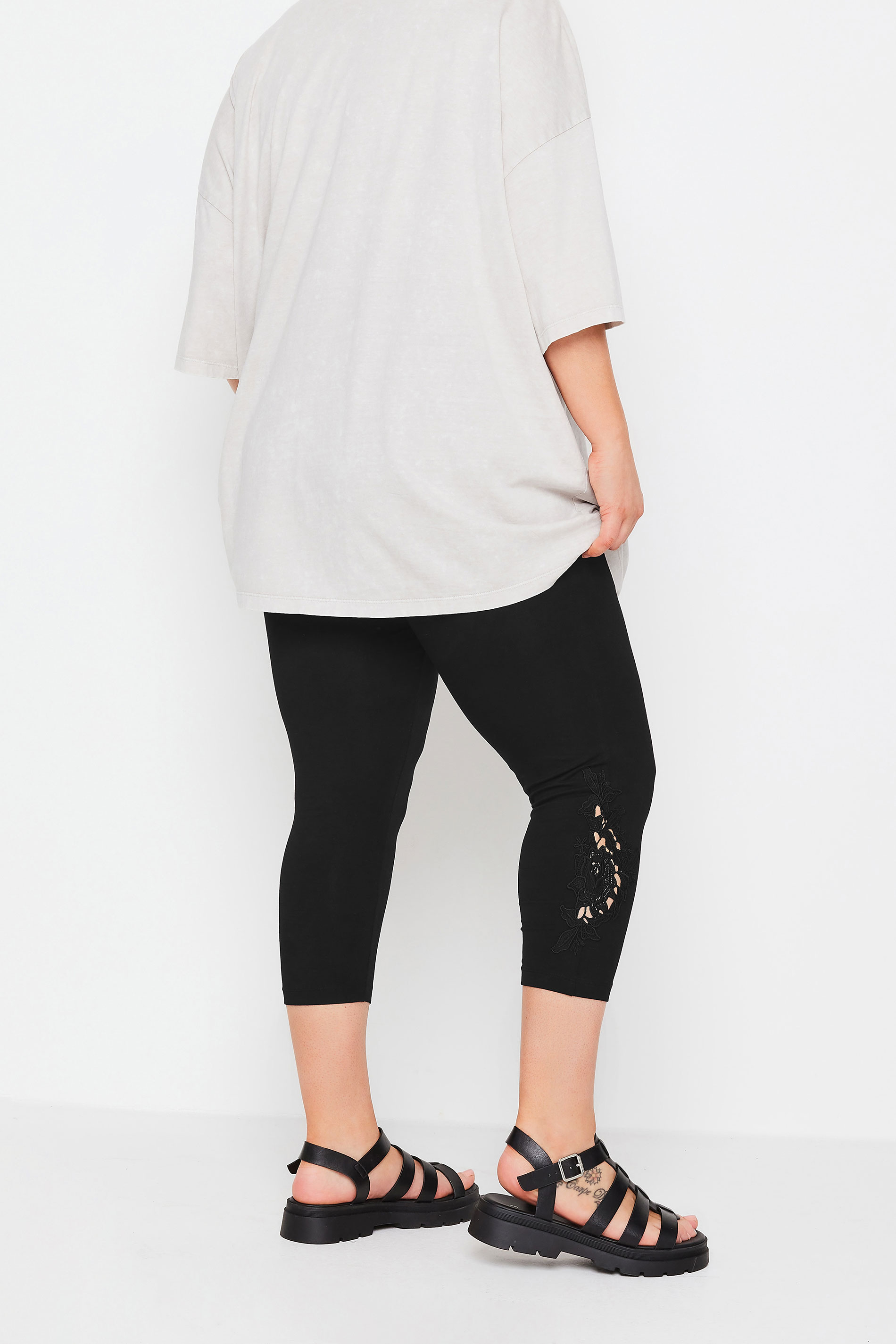 Plus Size Black Lace Cropped Leggings | Yours Clothing 3
