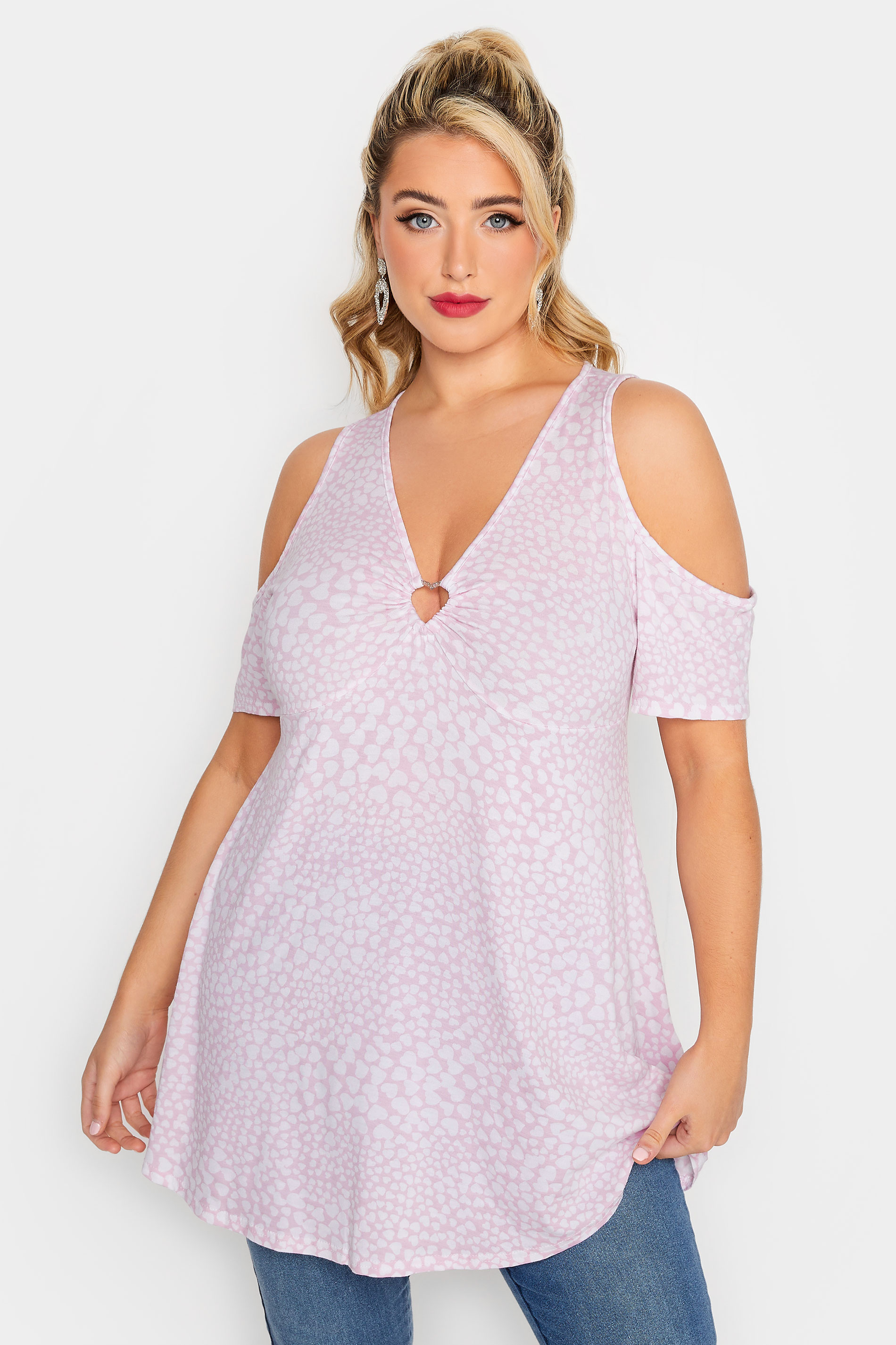LIMITED COLLECTION Plus Size Curve Pink Heart Print Keyhole Short Sleeve Top | Yours Clothing  1