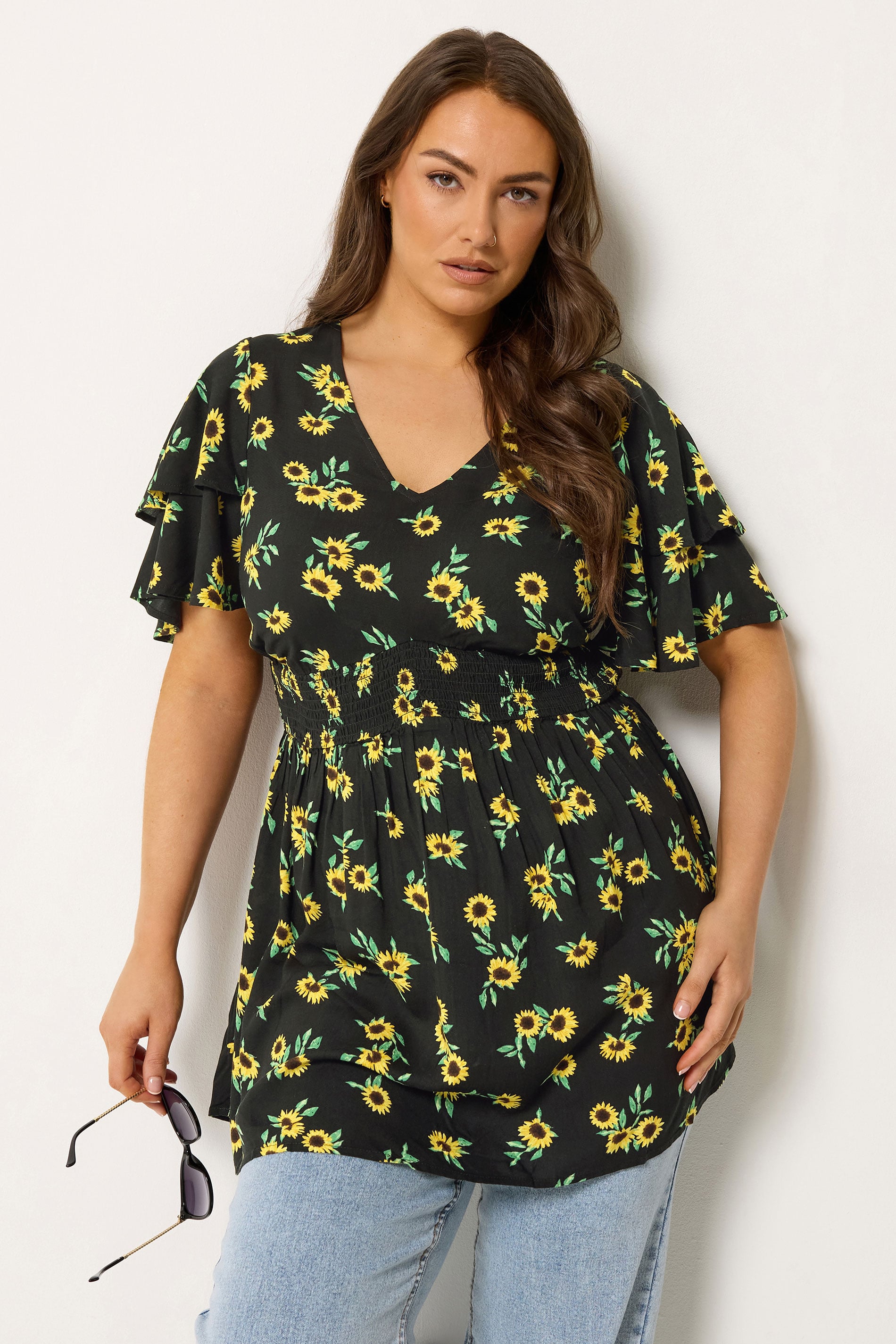 YOURS Plus Size Black Sunflower Print Flutter Sleeve Top | Yours Clothing 3