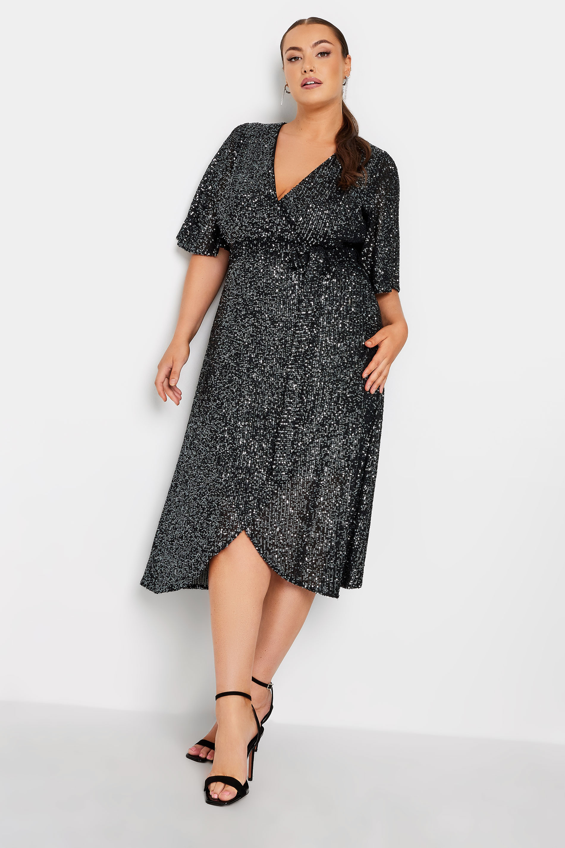YOURS LONDON Plus Size Silver Sequin Embellished Double Wrap Dress | Yours Clothing 2