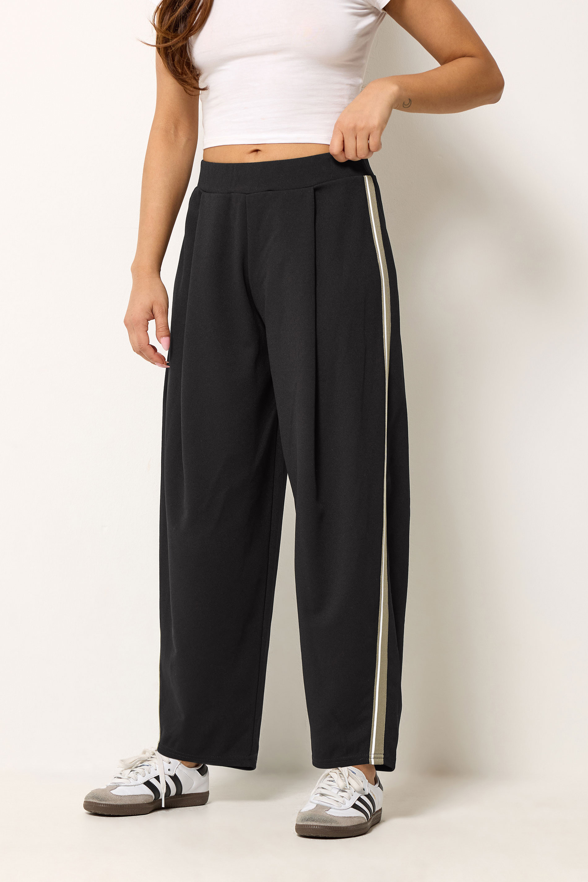 PixieGirl Petite Women's Black Side Stripe Detail Barrel Leg Trousers | PixieGirl 1