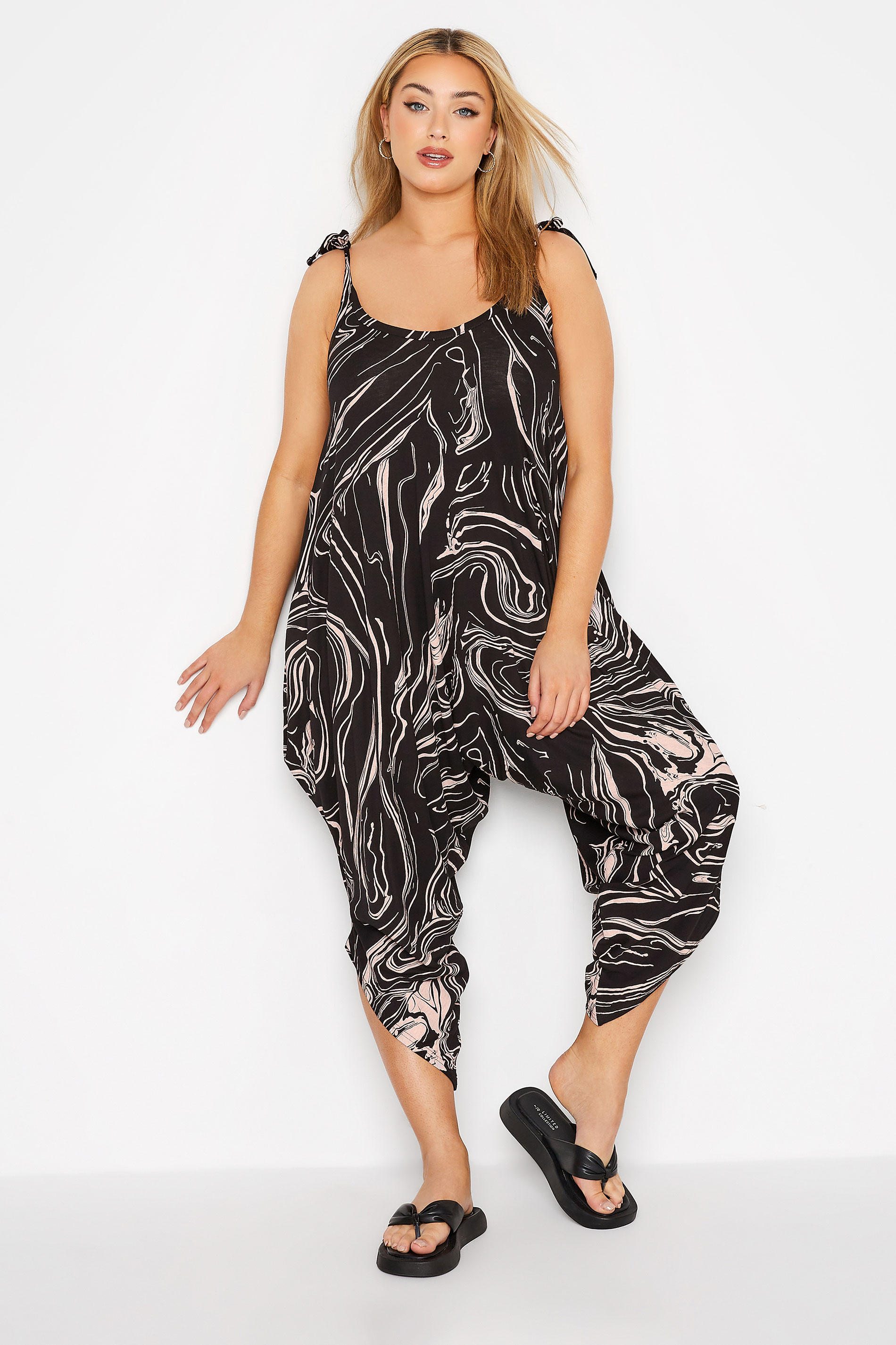 Plus Size Black Marble Print Cropped Harem Jumpsuit | Yours Clothing  1
