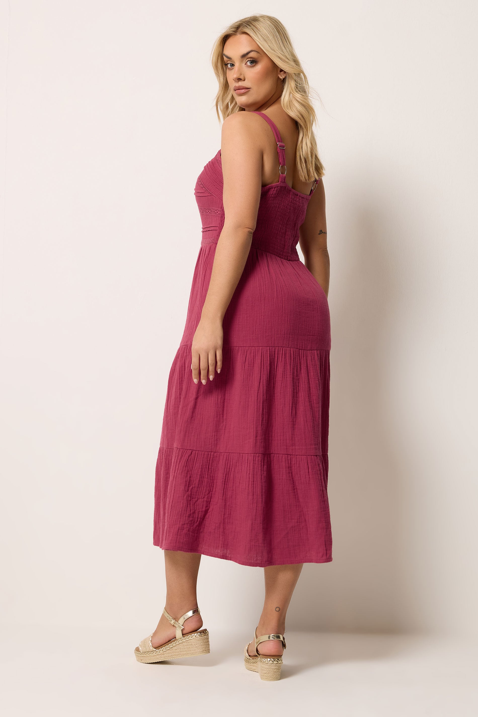 YOURS Plus Size Pink Cheesecloth Pleated Tiered Dress | Yours Clothing 2