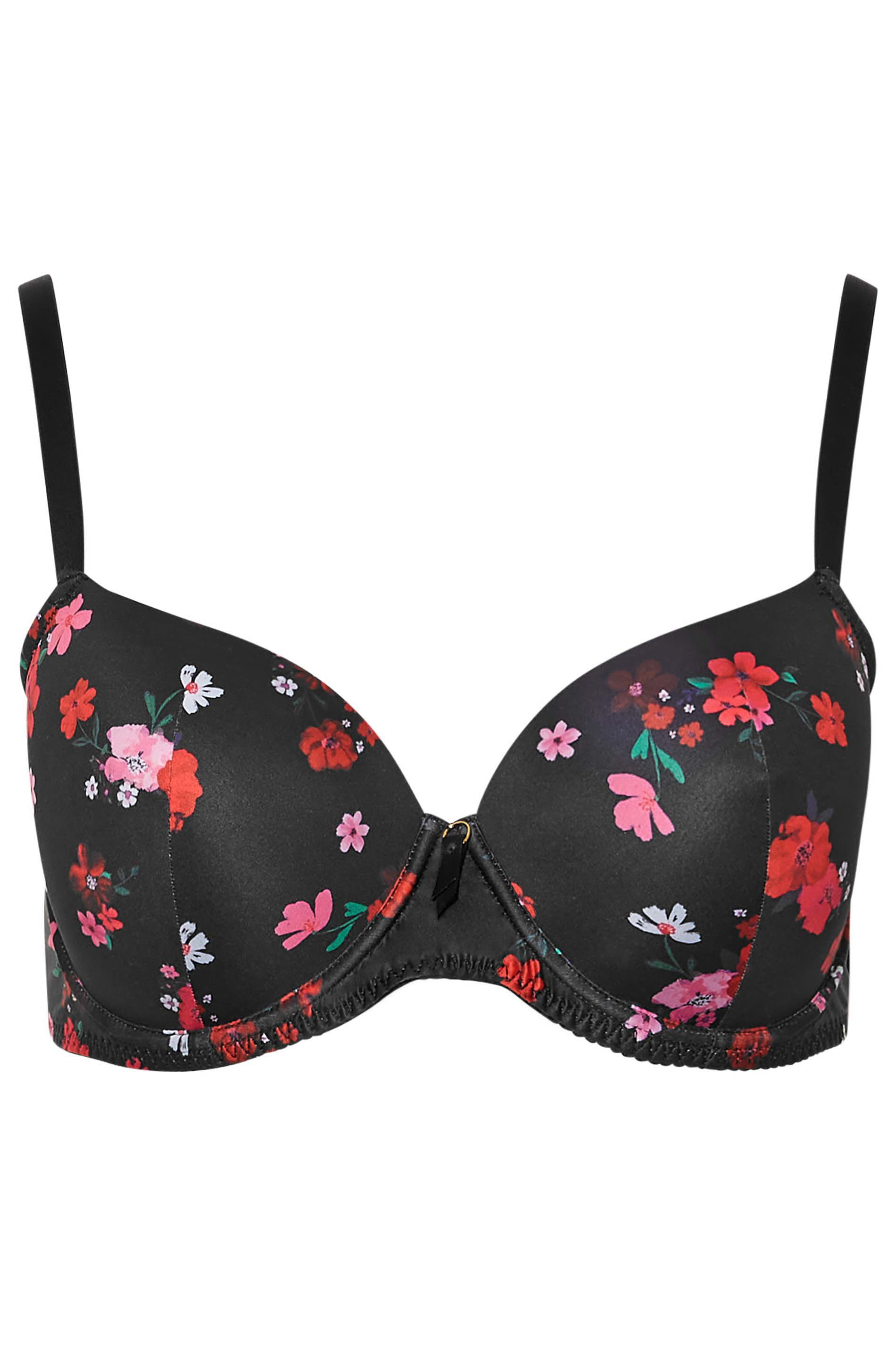 Plus Size 2 Pack Black & Red Floral Padded Underwired T-Shirt Bras