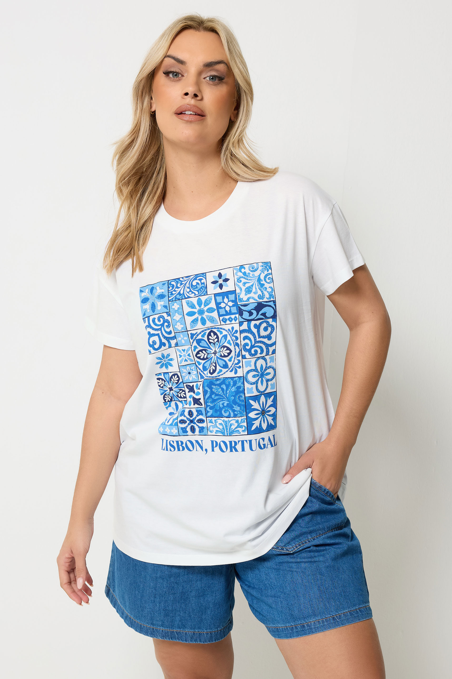 YOURS Plus Size White & Blue 'Lisbon Portugal' Graphic T-Shirt | Yours Clothing 3