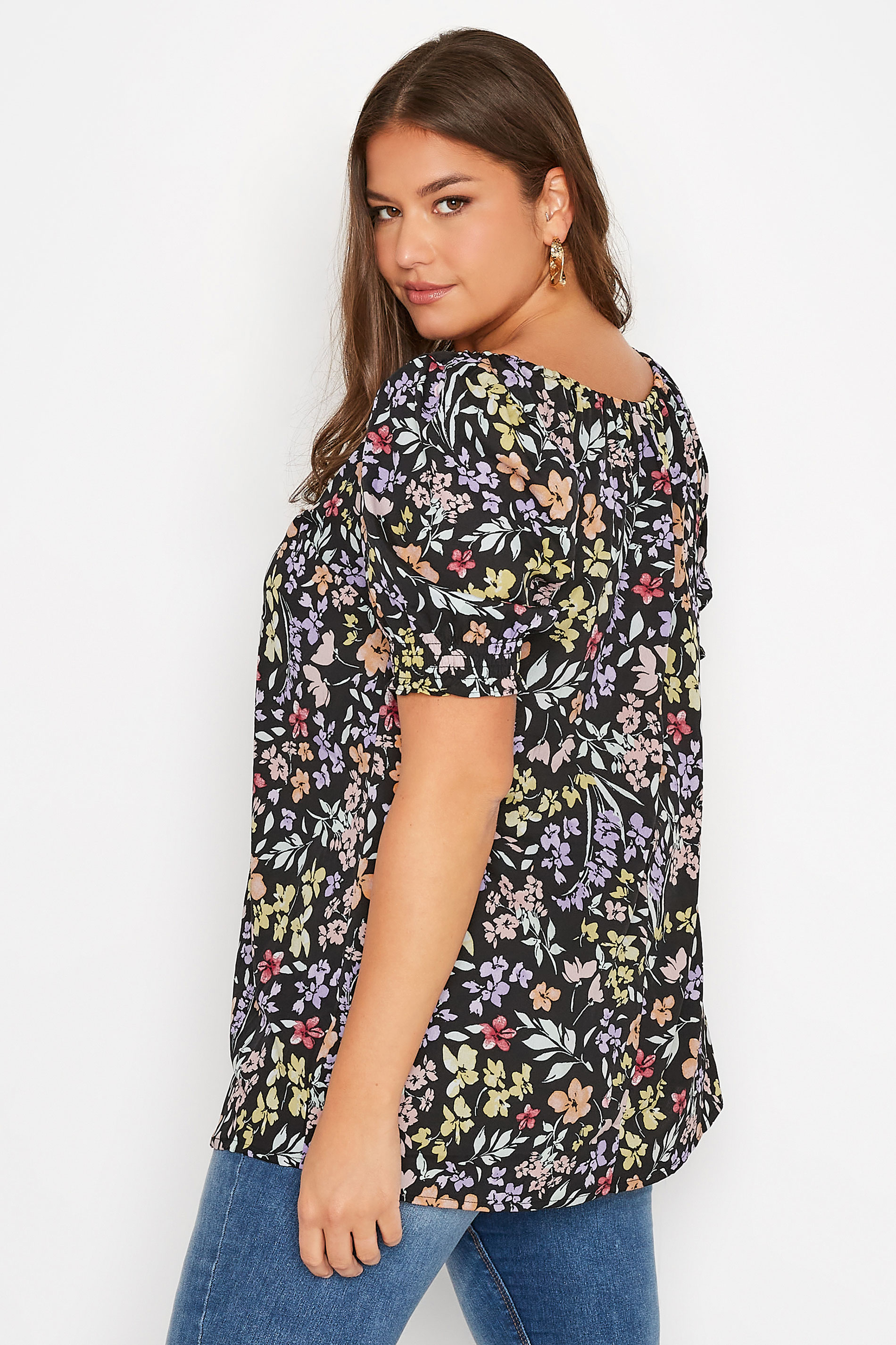 Plus Size Black Floral Print Gypsy Top | Yours Clothing  3