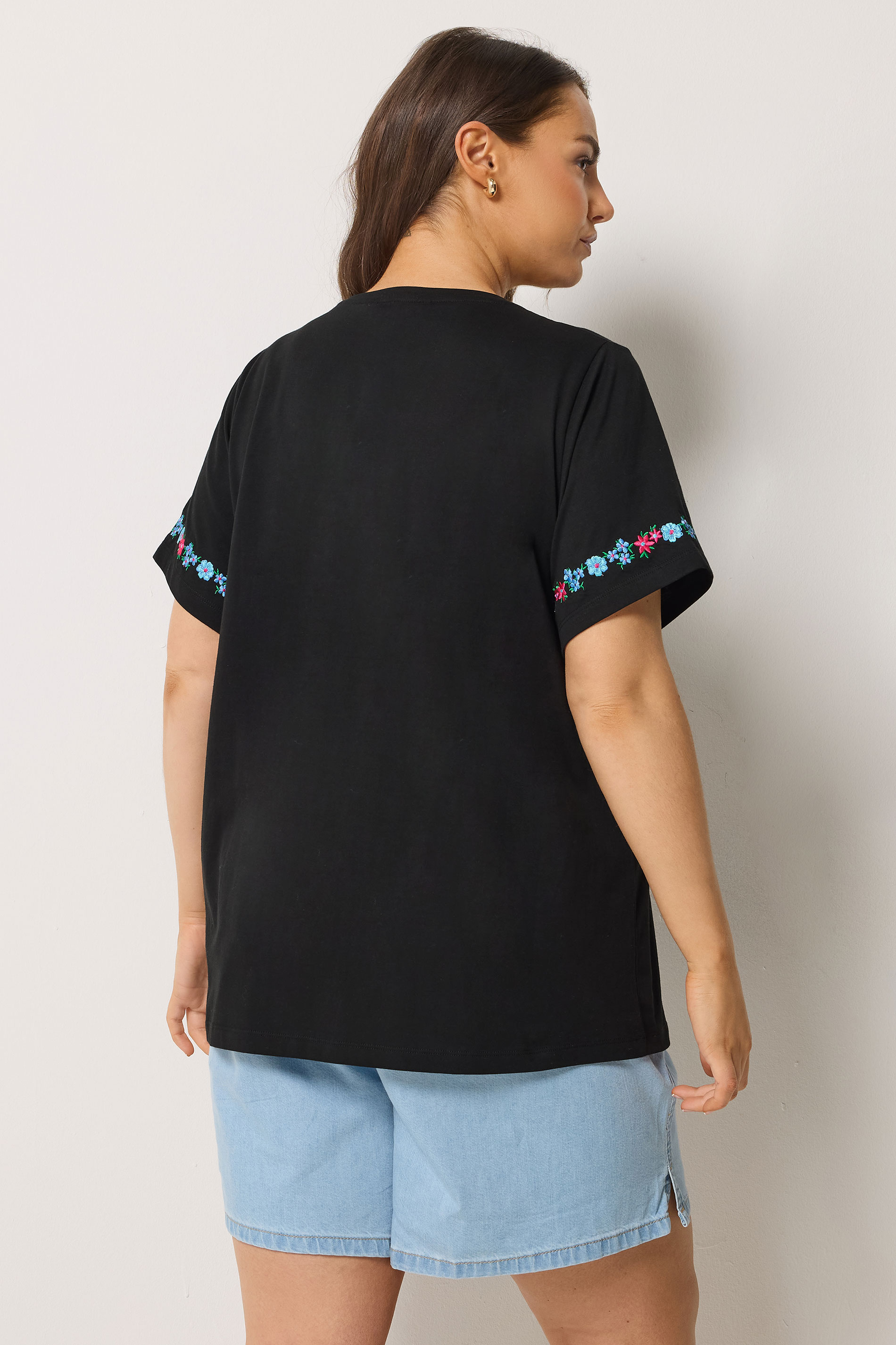 YOURS Plus Size Black Embroidered Floral Sleeve Detail T-Shirt | Yours Clothing 4